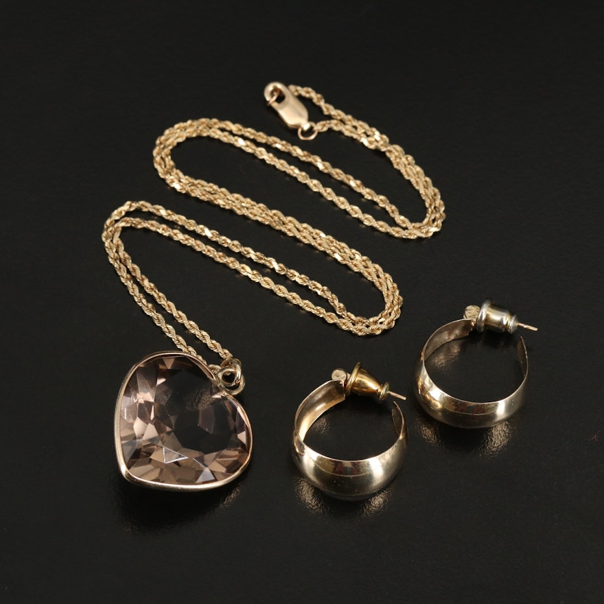 14K Smoky Quartz Heart Pendant Necklace with 14K Hoop Earrings