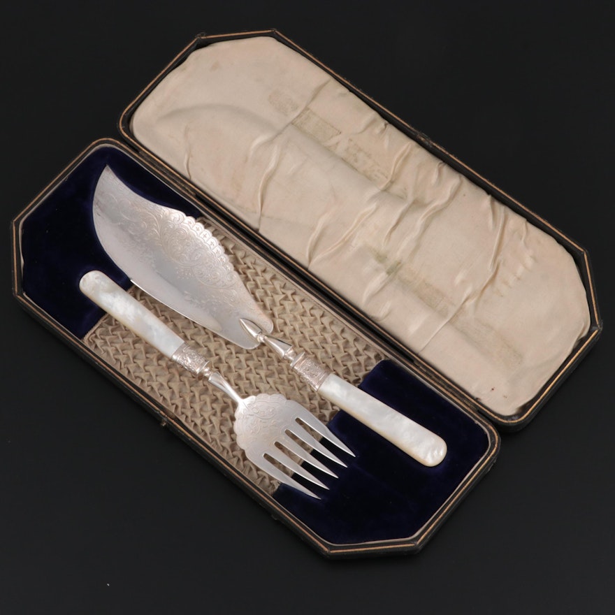 English Maleham and Yeomans Mother-of-Pearl Fish Serving Set in Presentation Box