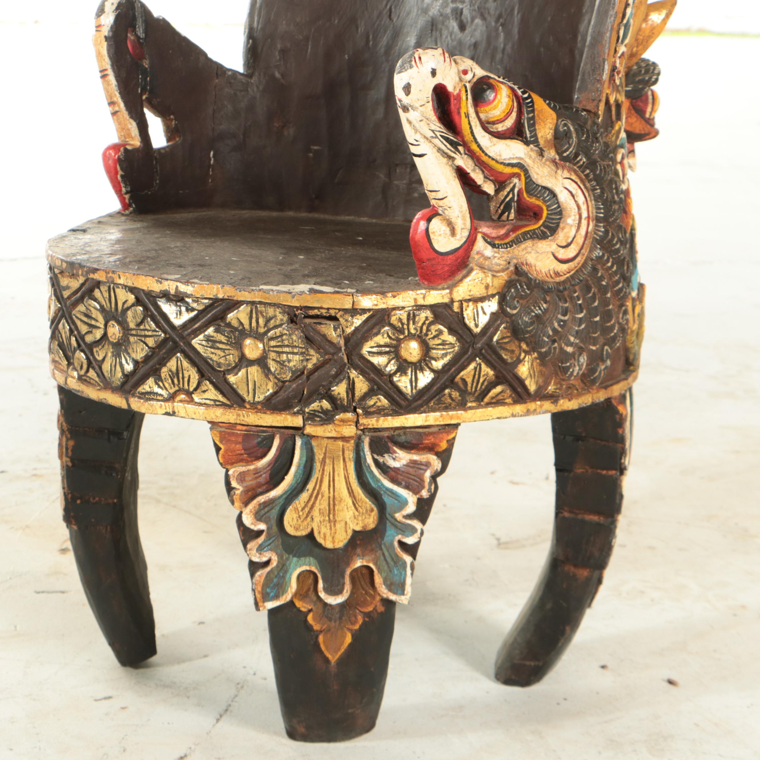 Indonesian Hand-Painted Caved Wooden Garuda Throne Chair