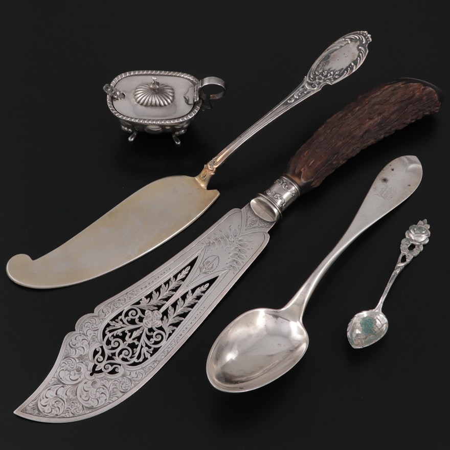Sterling Silver and Horn Fish Server with Other Silver Spoons and Mustard Pot