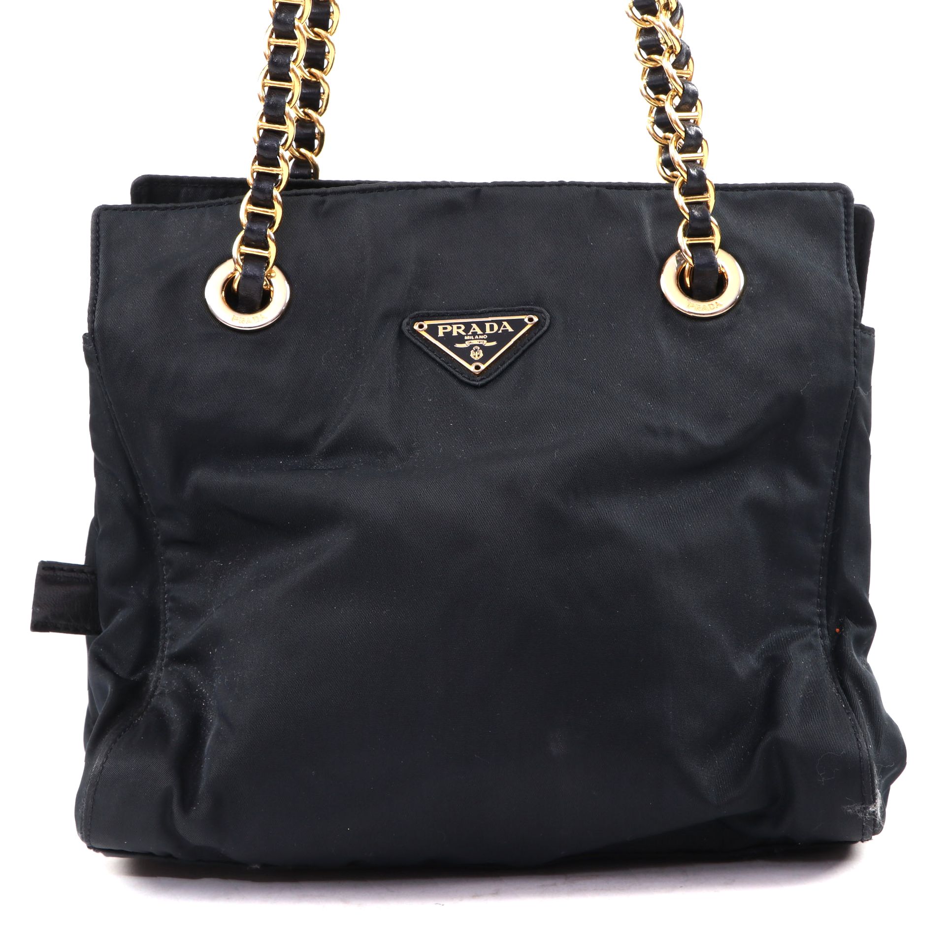 Prada Black Tessuto Nylon Chain Strap Shoulder Bag with Leather Trim