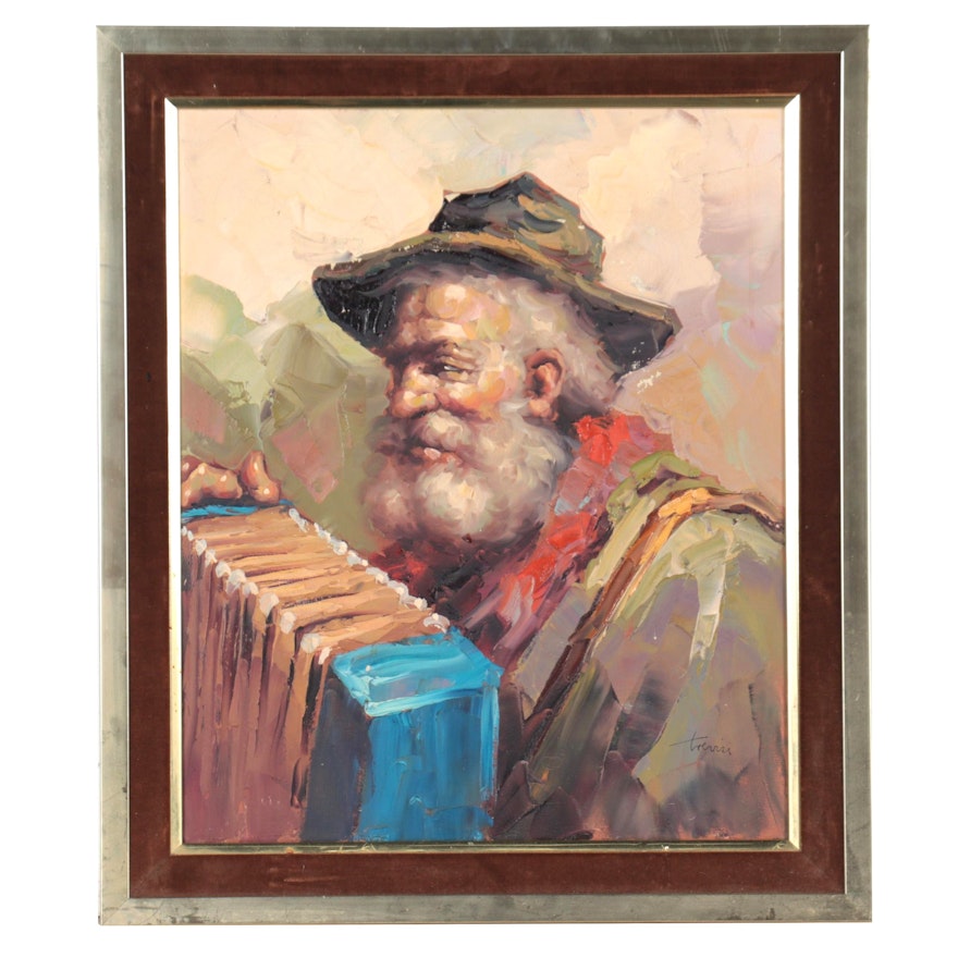 Portrait Oil Painting of Man With Accordion