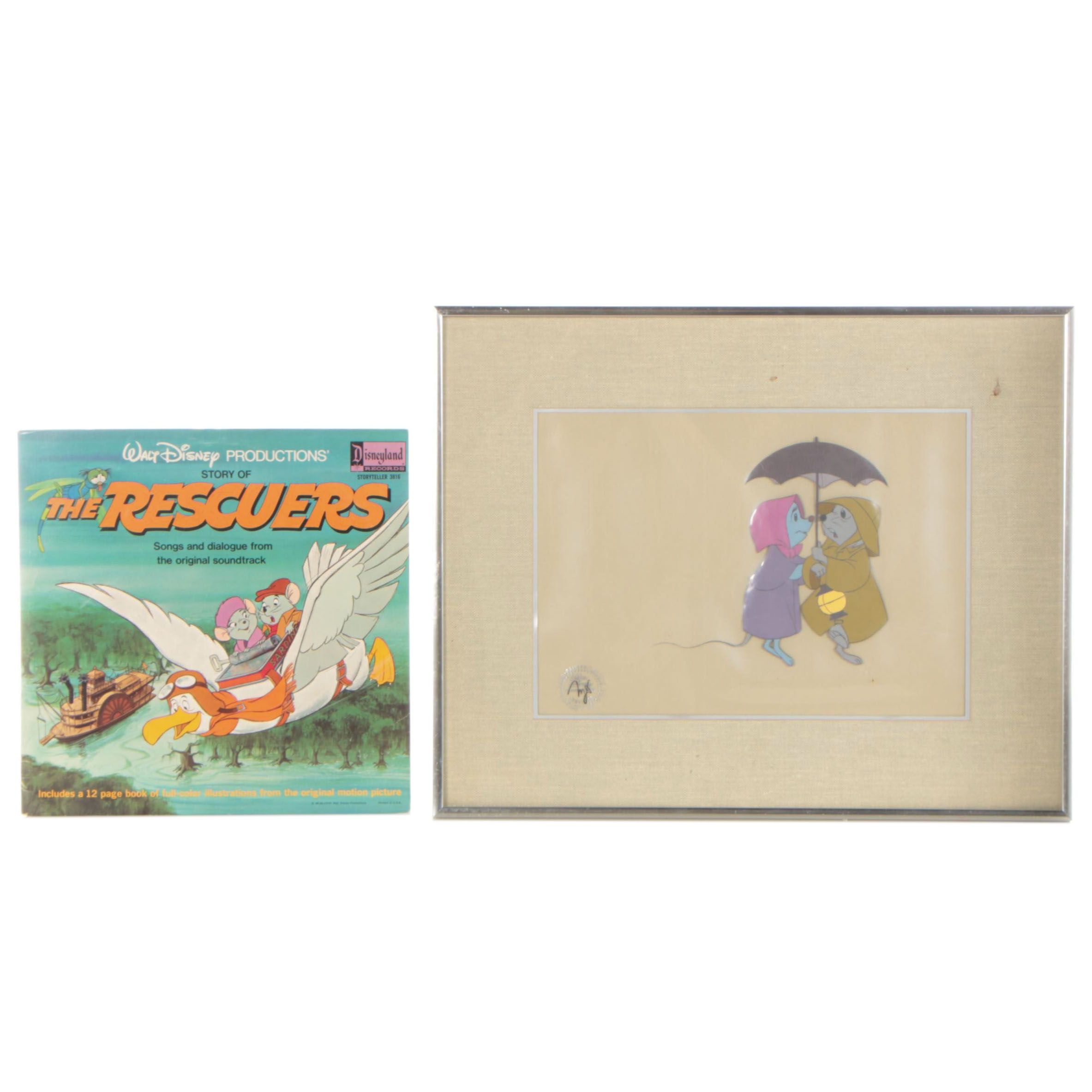 Disney "The Rescuers" Production Cel and Disneyland Storyteller Record, 1977