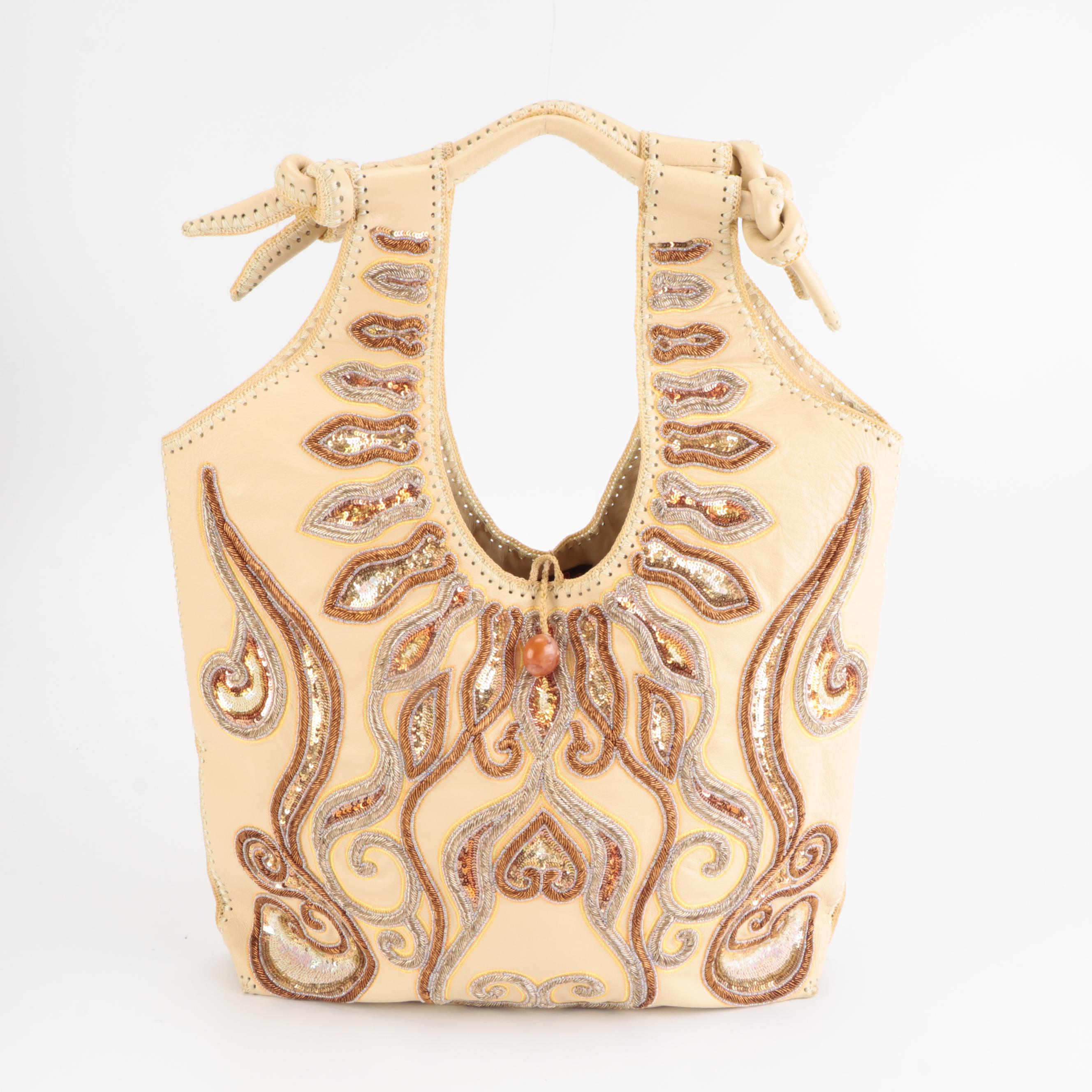 Buba London Sequin and Metalwork Embroidered Leather Tote and Shoulder Bag
