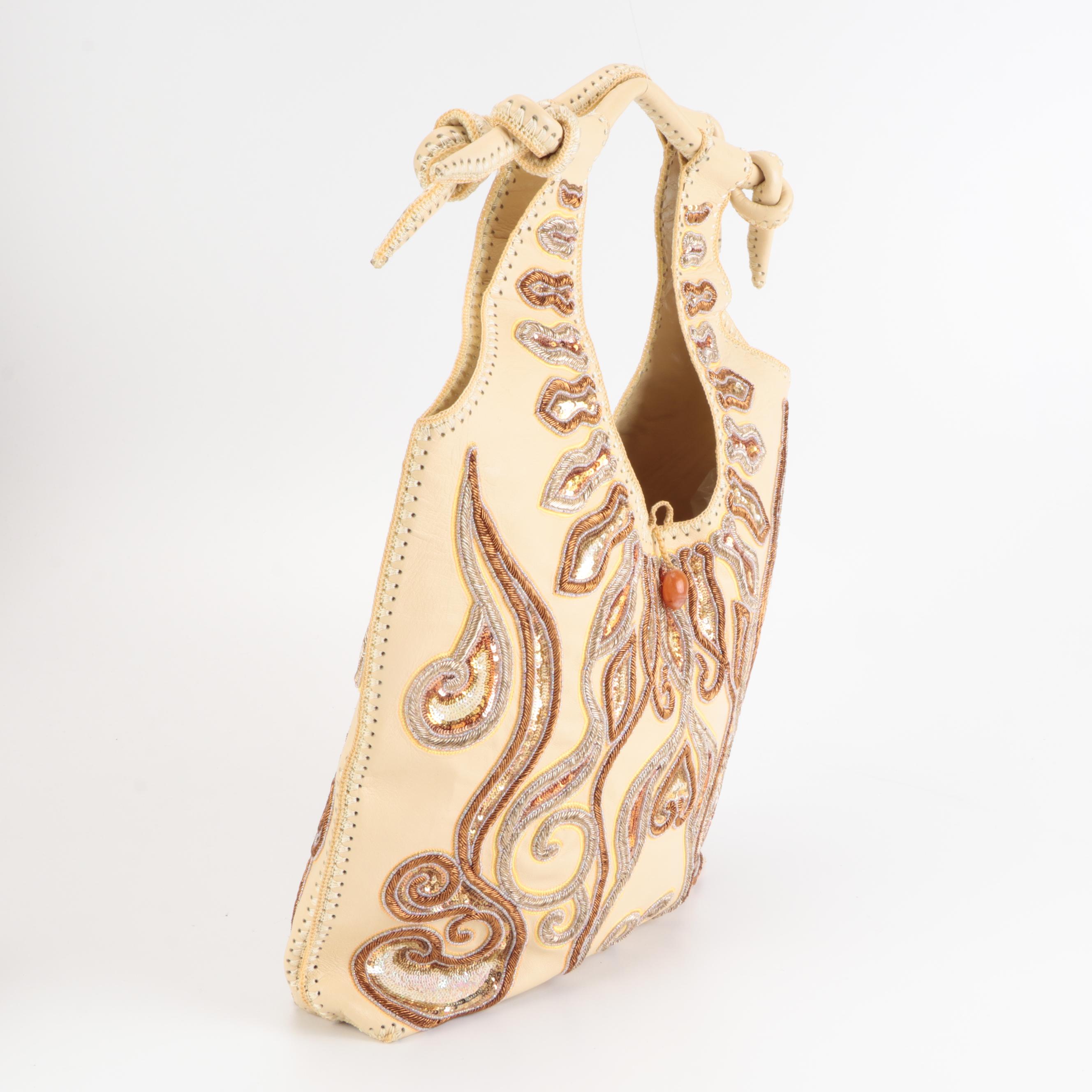 Buba London Sequin and Metalwork Embroidered Leather Tote and Shoulder Bag