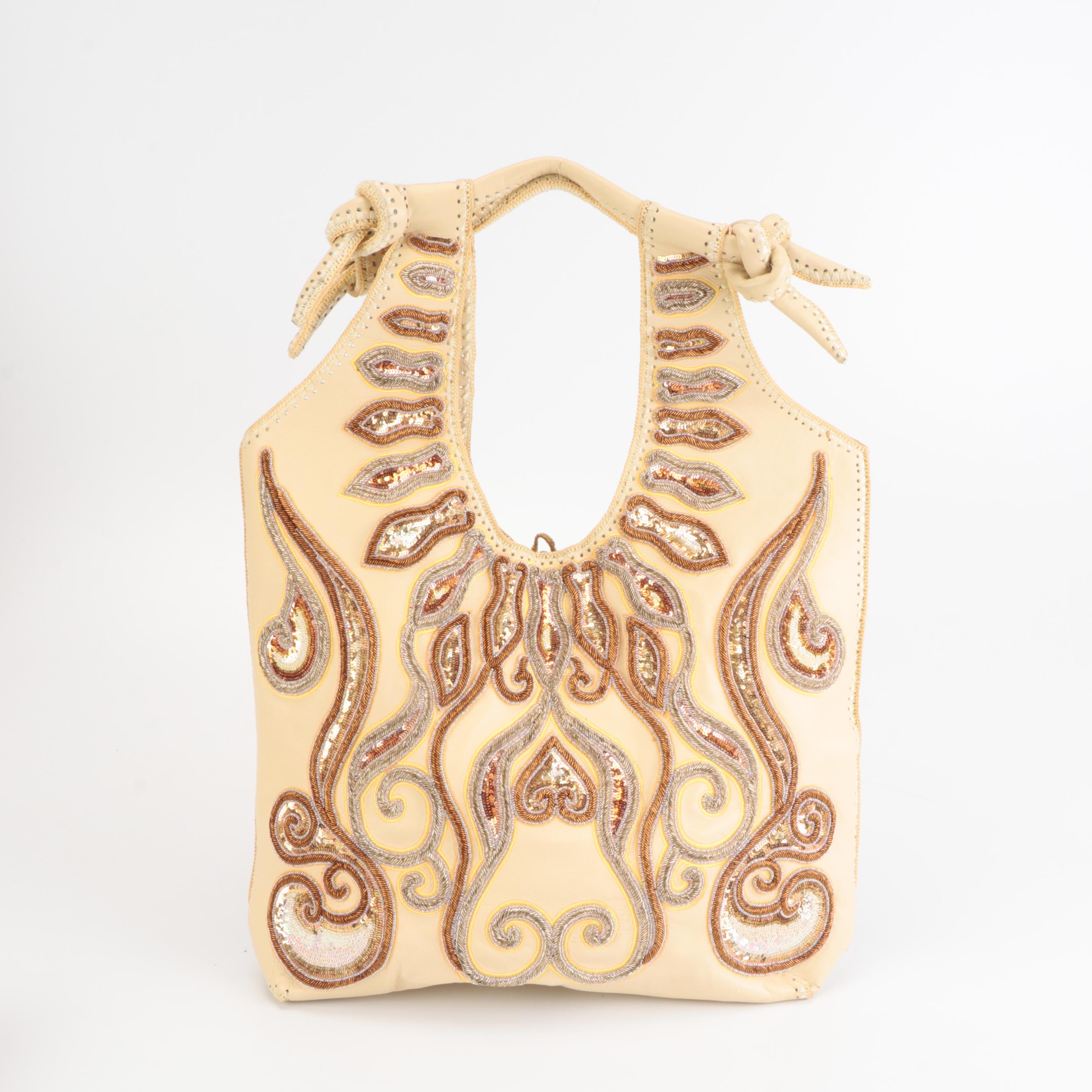 Buba London Sequin and Metalwork Embroidered Leather Tote and Shoulder Bag