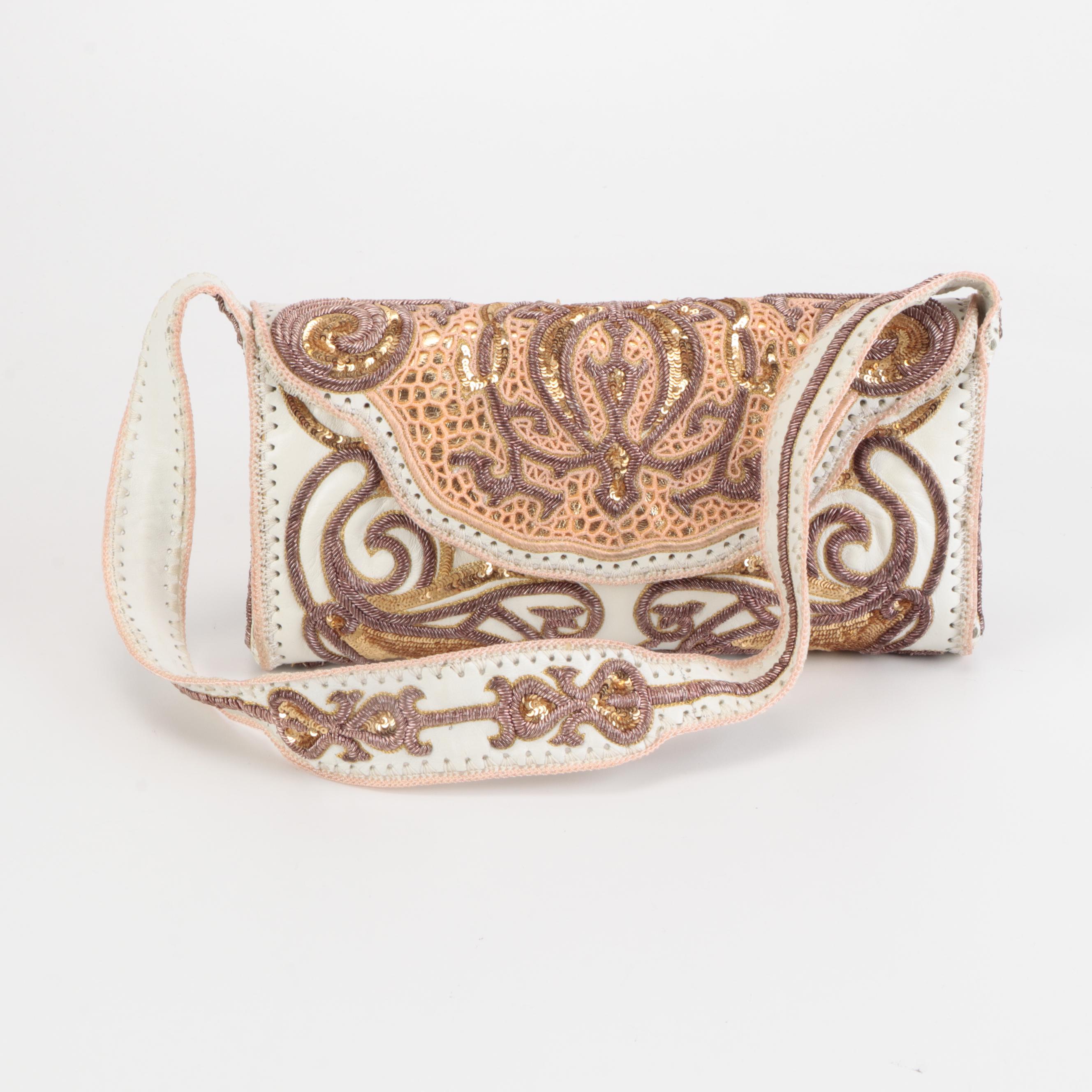 Buba London Sequin and Metalwork Embroidered Leather Tote and Shoulder Bag