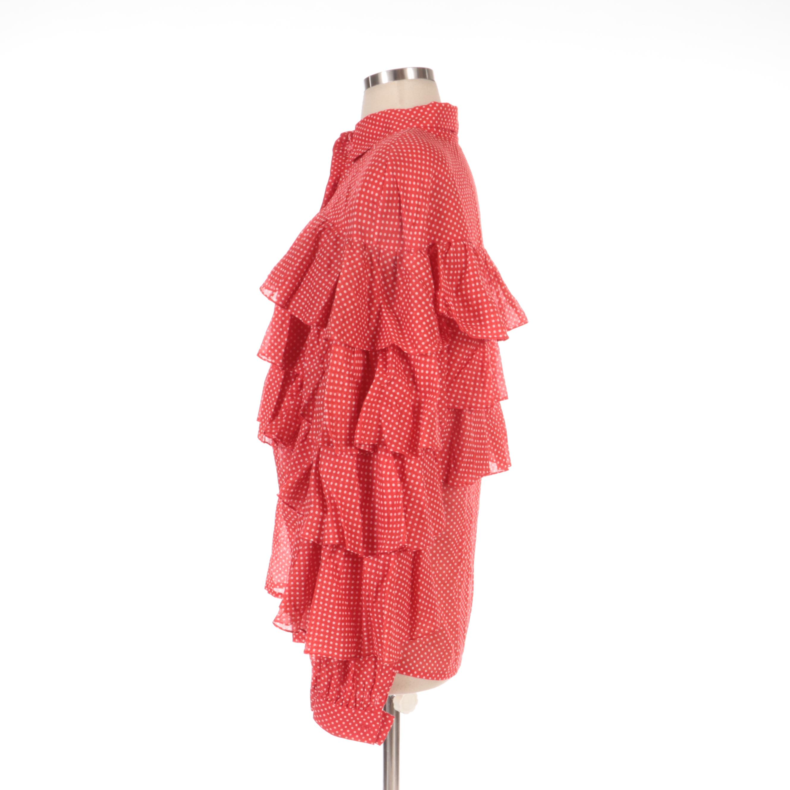 Dot Print Tiered Ruffle Long Sleeve Cotton Blouse, 1980s