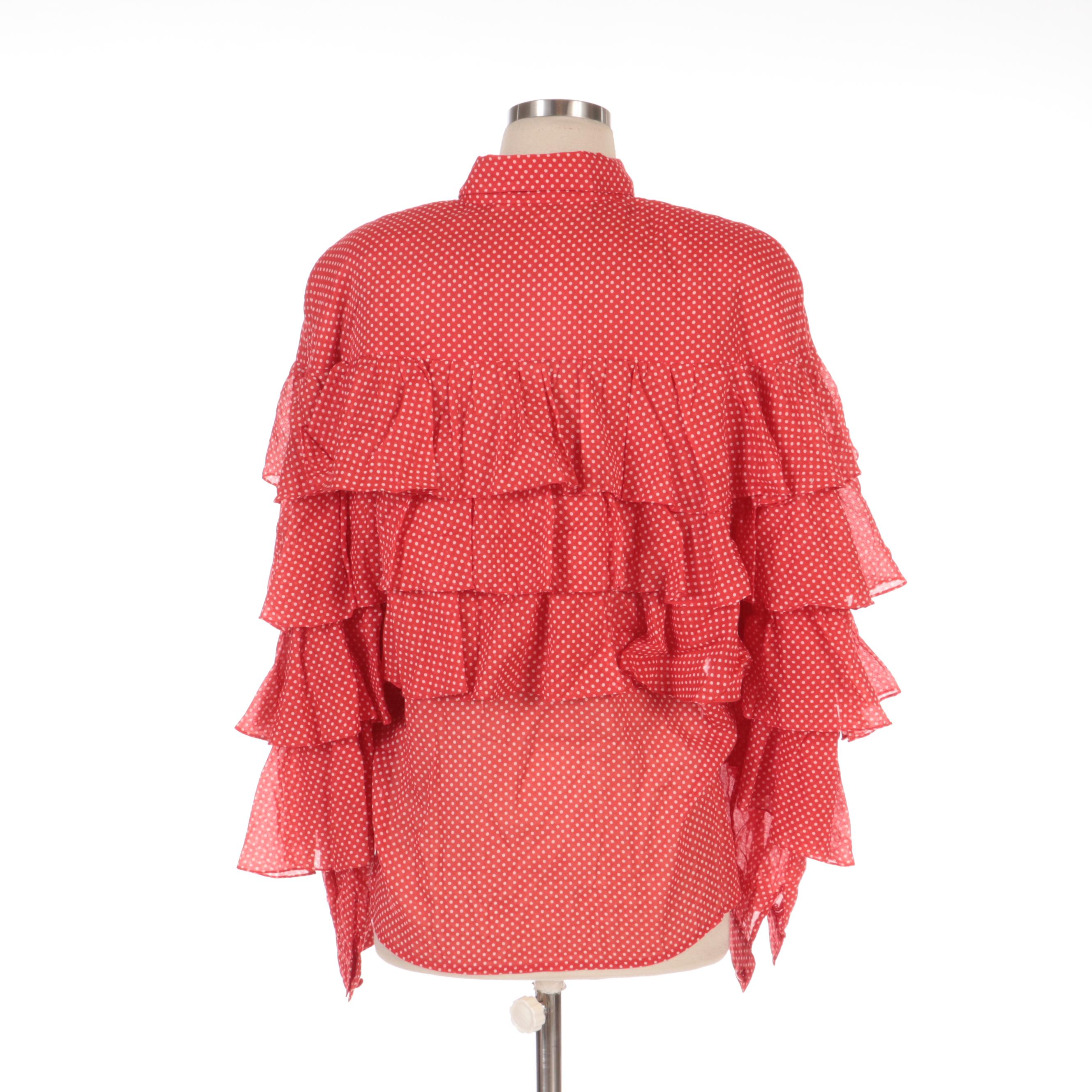 Dot Print Tiered Ruffle Long Sleeve Cotton Blouse, 1980s