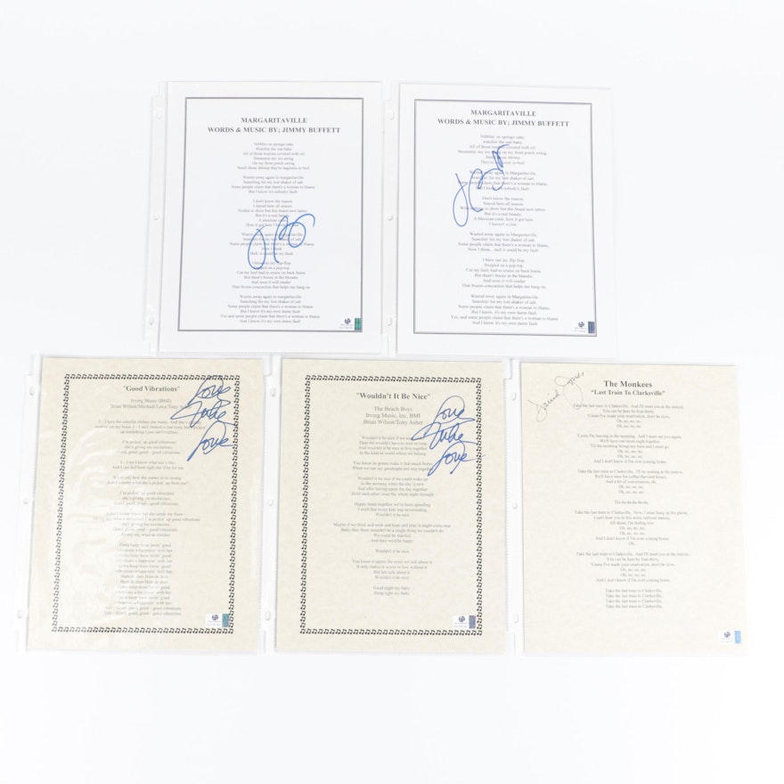 The Beach Boys, The Monkees, and Jimmy Buffett Signed Lyric Sheets, COAs