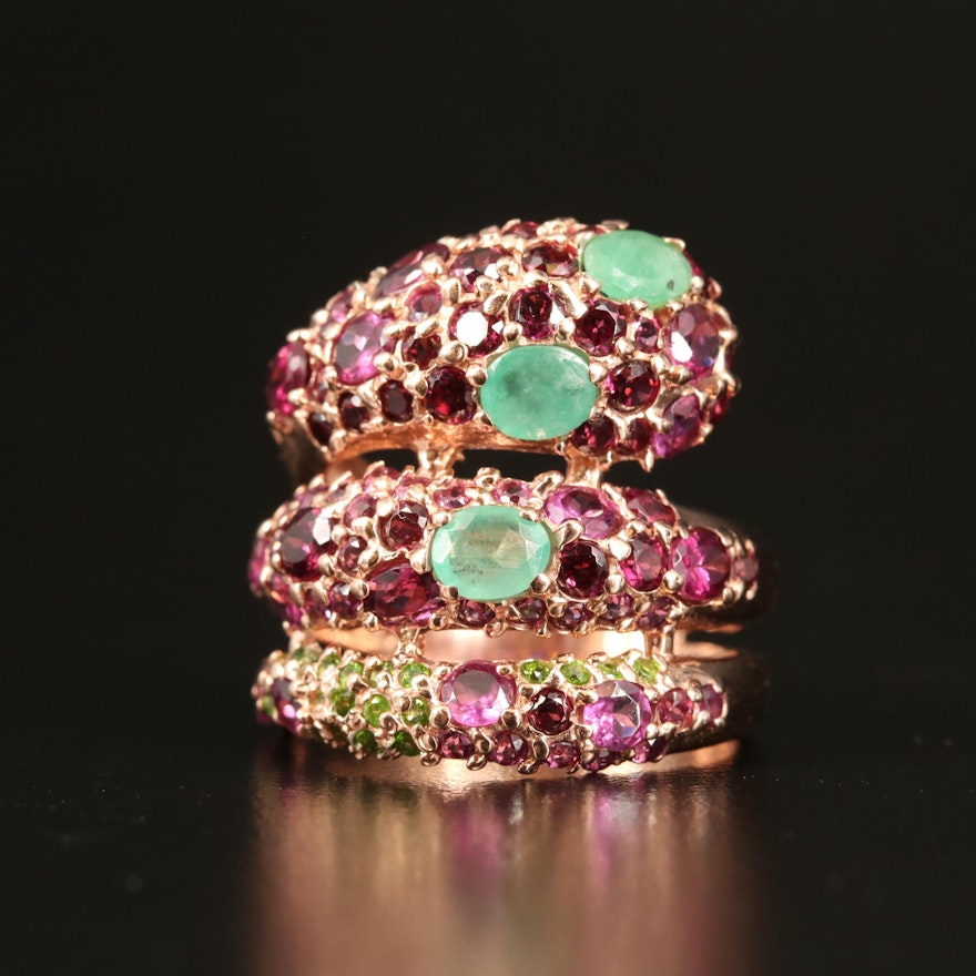 Sterling Snake Wrap Ring with Emerald, Rhodolite Garnet and Diopside