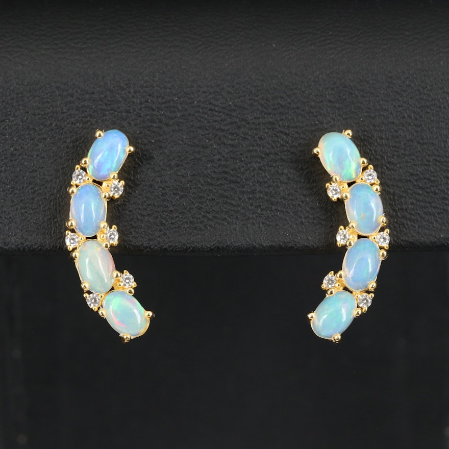 Sterling Opal and Cubic Zirconia Ear Climbers