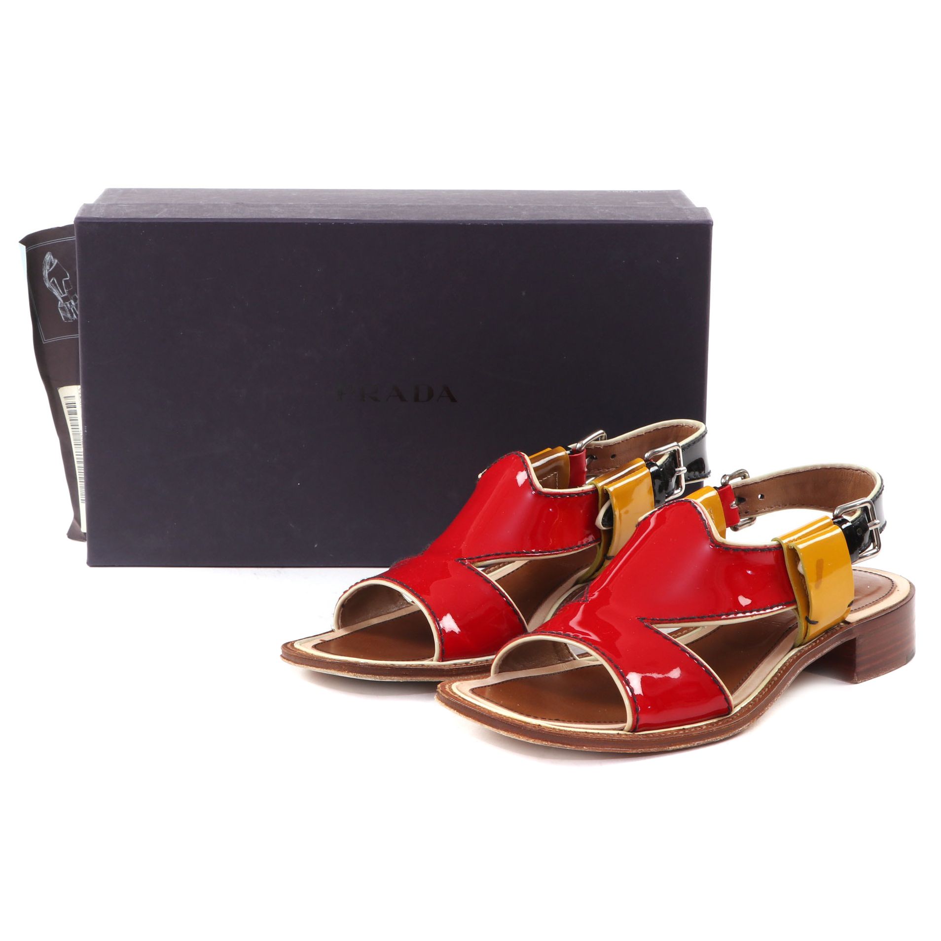 Prada Multicolor Patent Leather Low-Heeled Sandals with Box