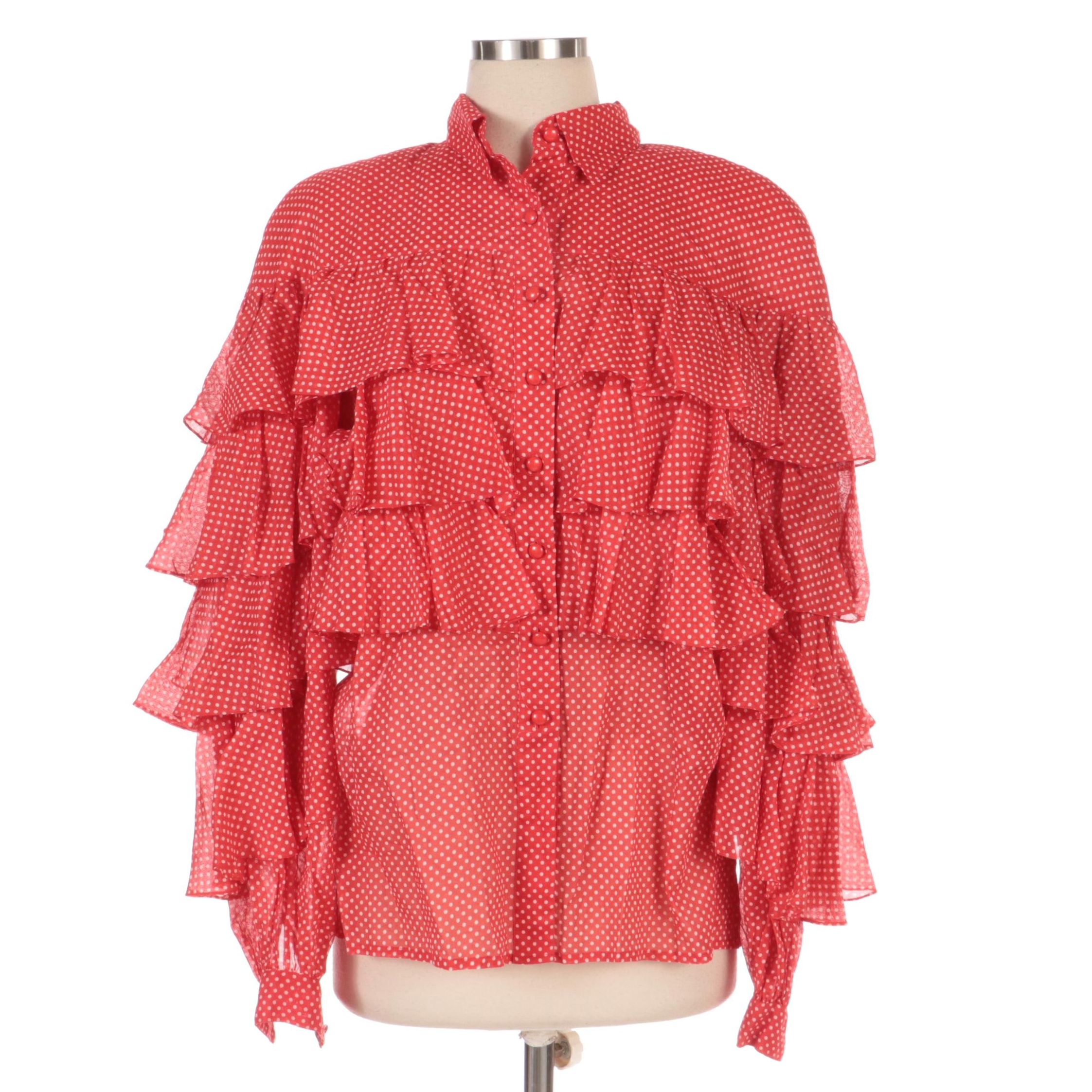 Dot Print Tiered Ruffle Long Sleeve Cotton Blouse, 1980s