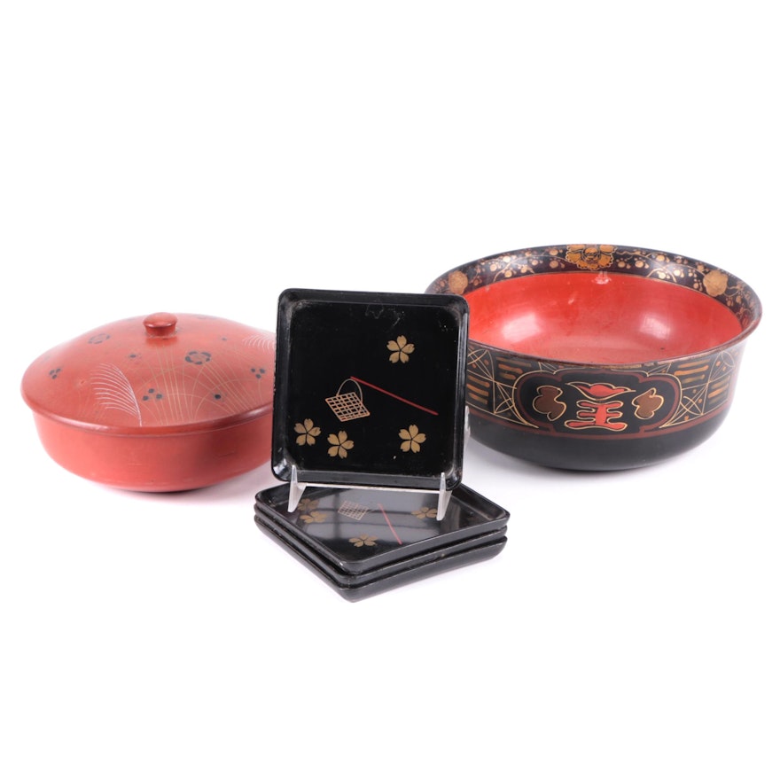 Japanese Hand-Painted Lacquerware Bowls and Dishes