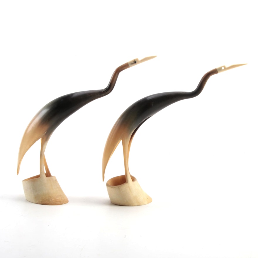 Pair of Carved Horn and Bone Figures of Cranes