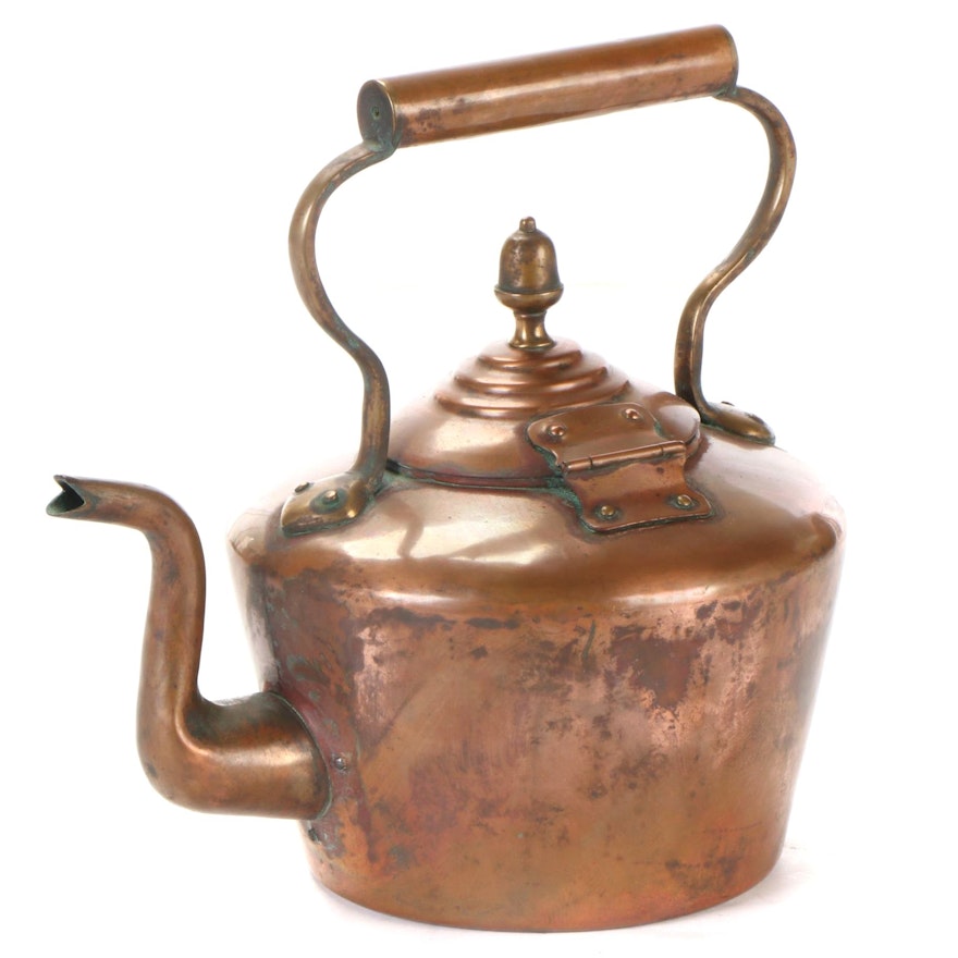 Copper Acorn Finial Dovetailed Tea Kettle, Antique