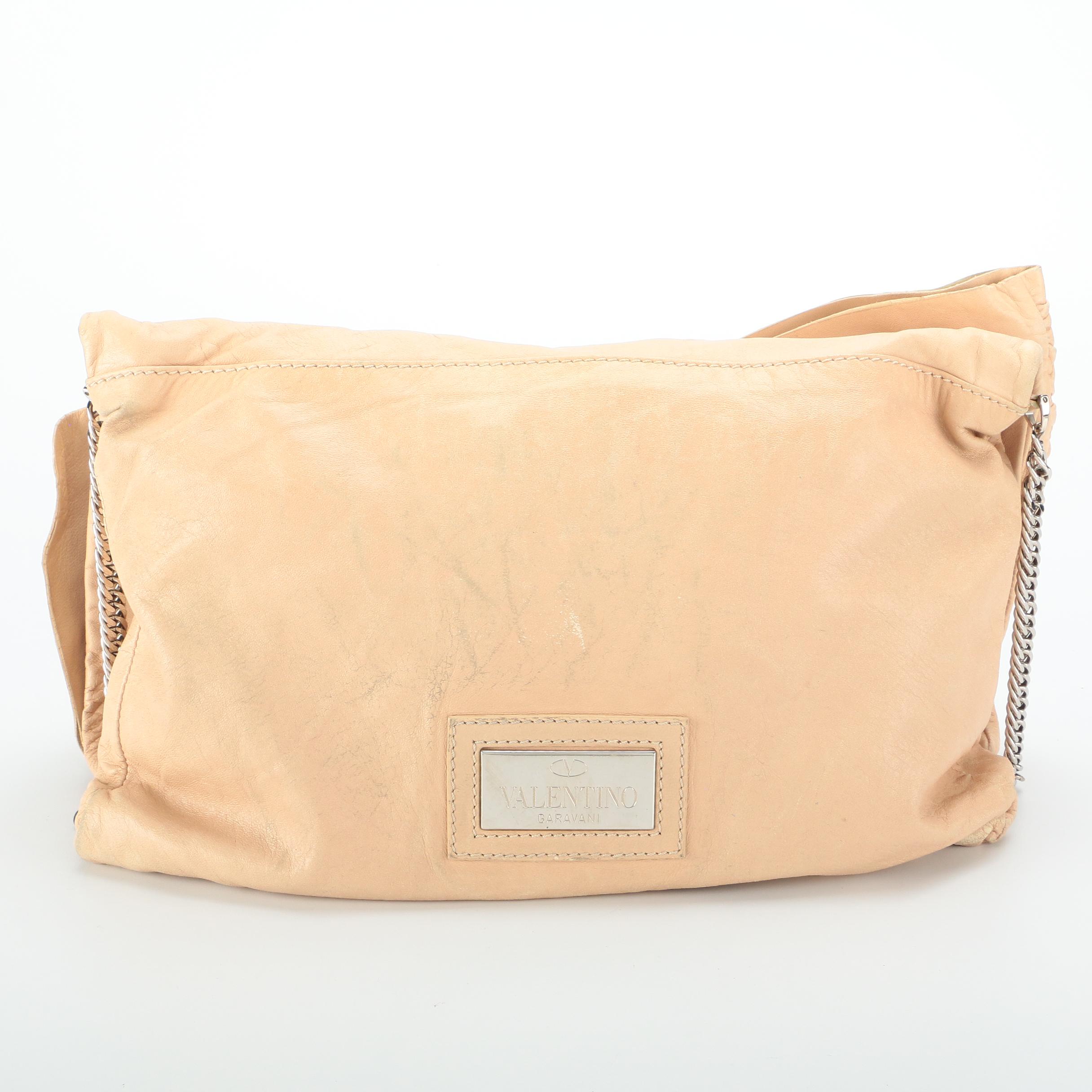 Valentino Garavani Beige Lambskin Leather Foldover Bow Clutch with Chain Strap