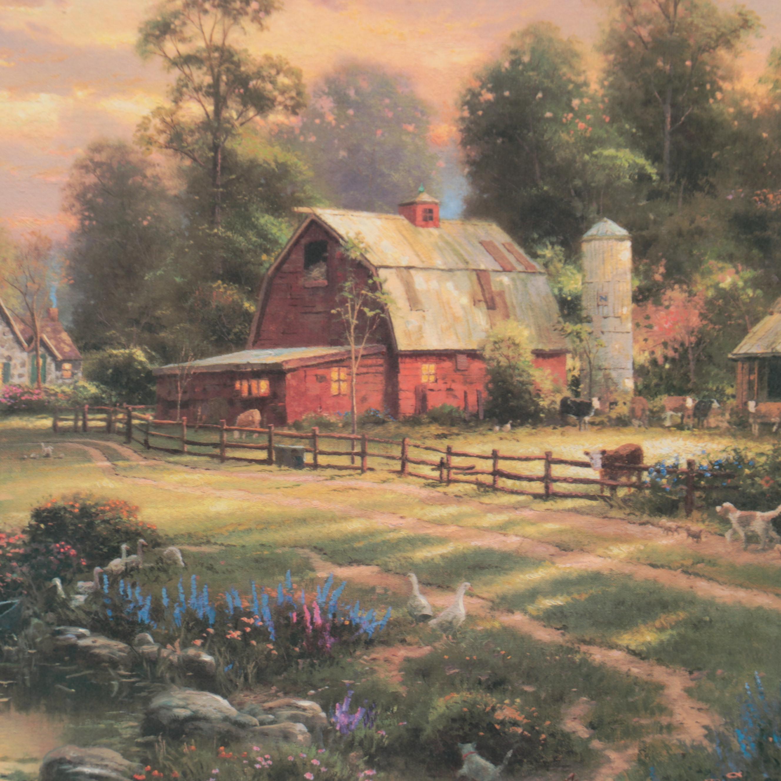 Thomas Kinkade Embellished Offset Lithograph "Sunset at Riverbend Farm"