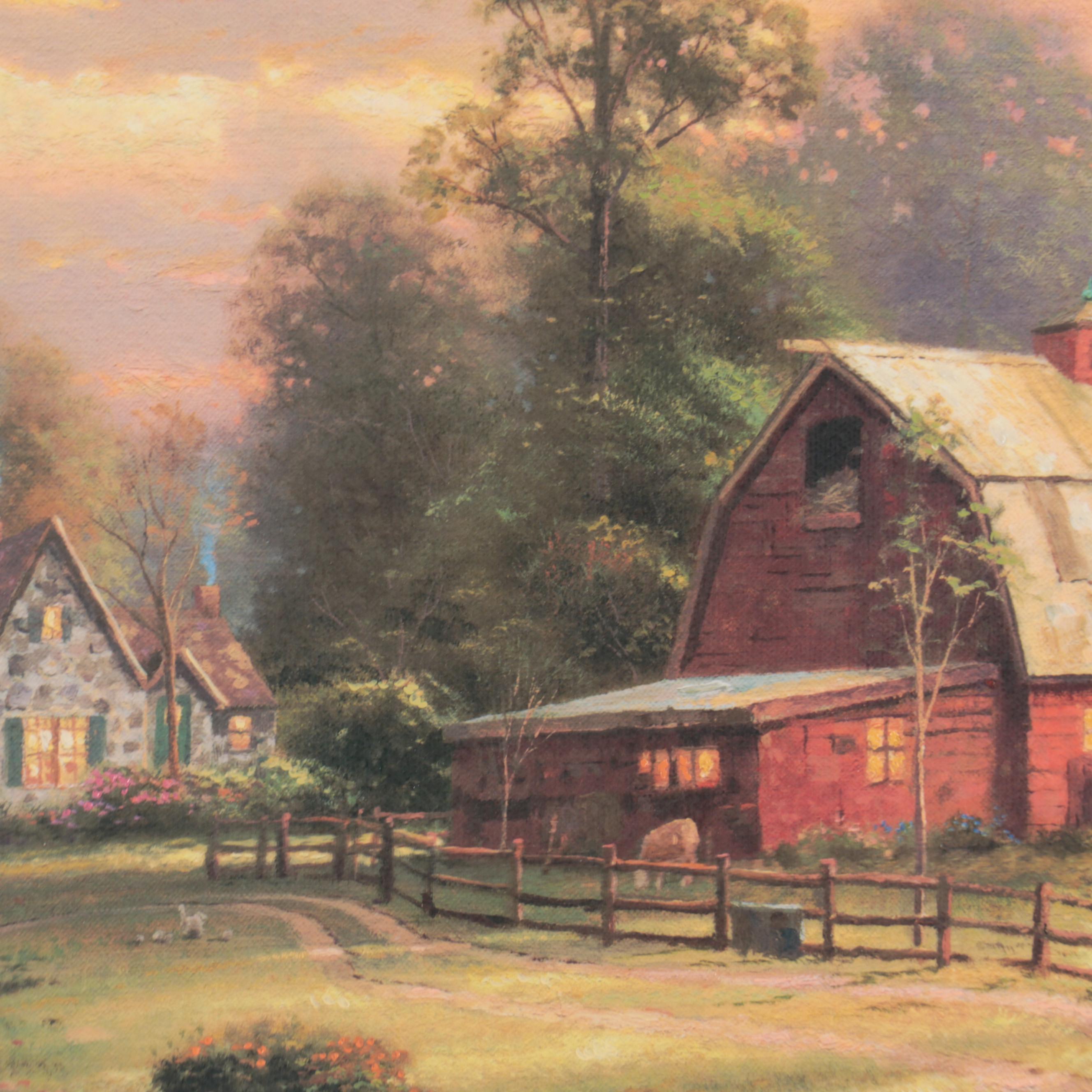 Thomas Kinkade Embellished Offset Lithograph "Sunset at Riverbend Farm"