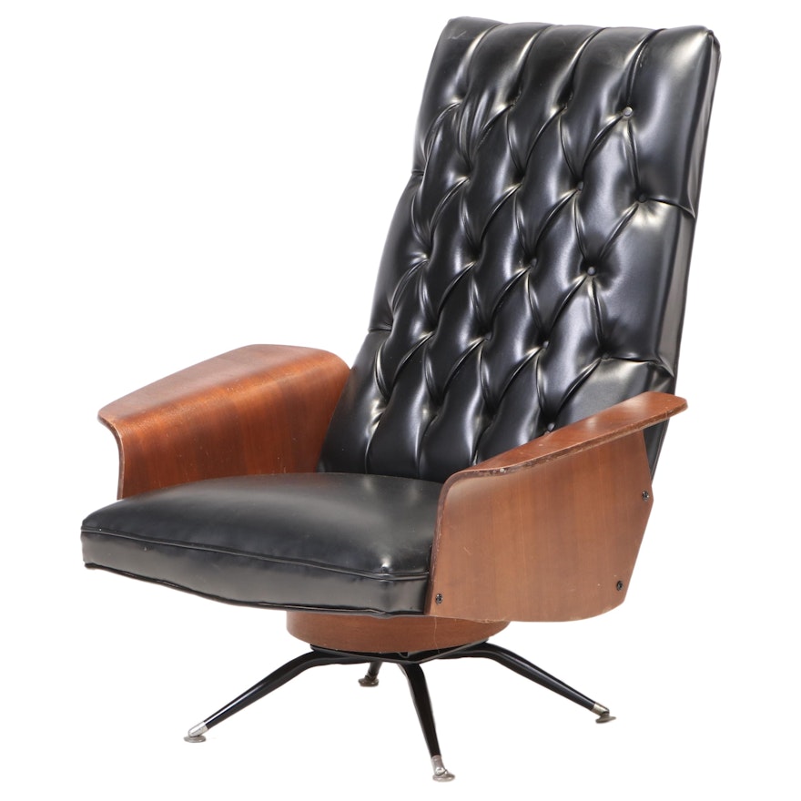 Modernist Laminated Walnut & Buttoned-Down Black Vinyl Swivel-Tilt Lounge Chair