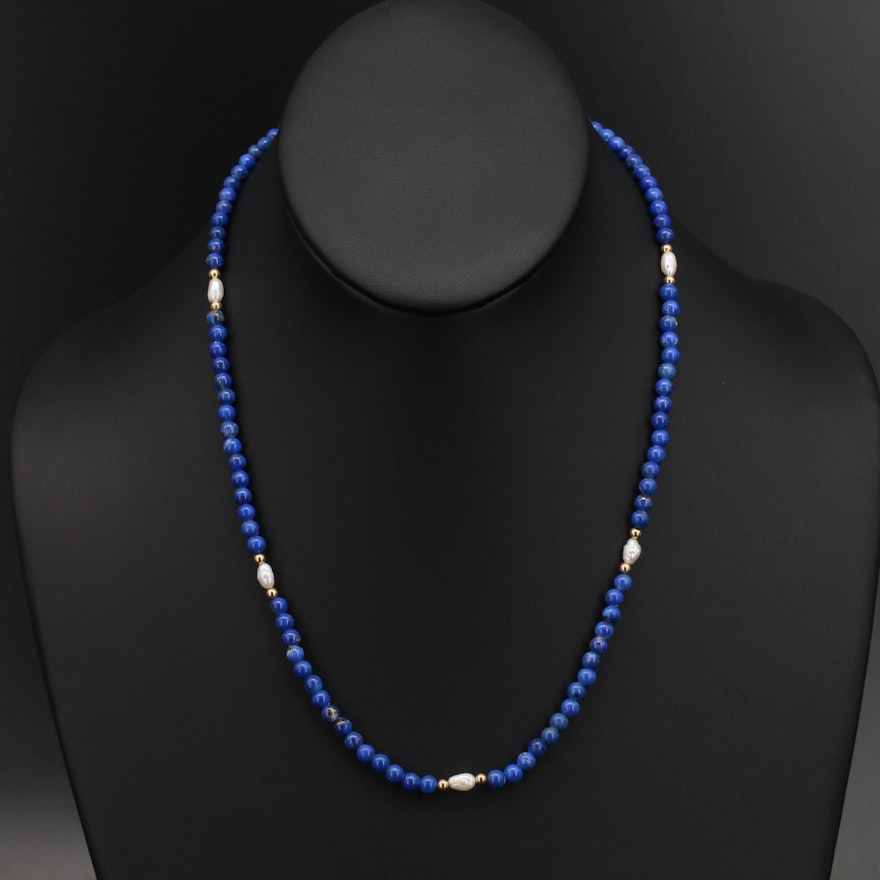 Lapis Lazuli and Pearl Necklace with 14K Accent Beads and Clasp