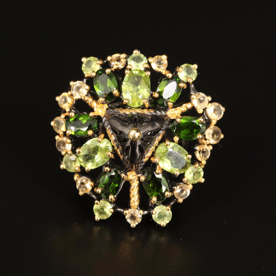 Sterling Peridot, Citrine and Diopside Cluster Ring