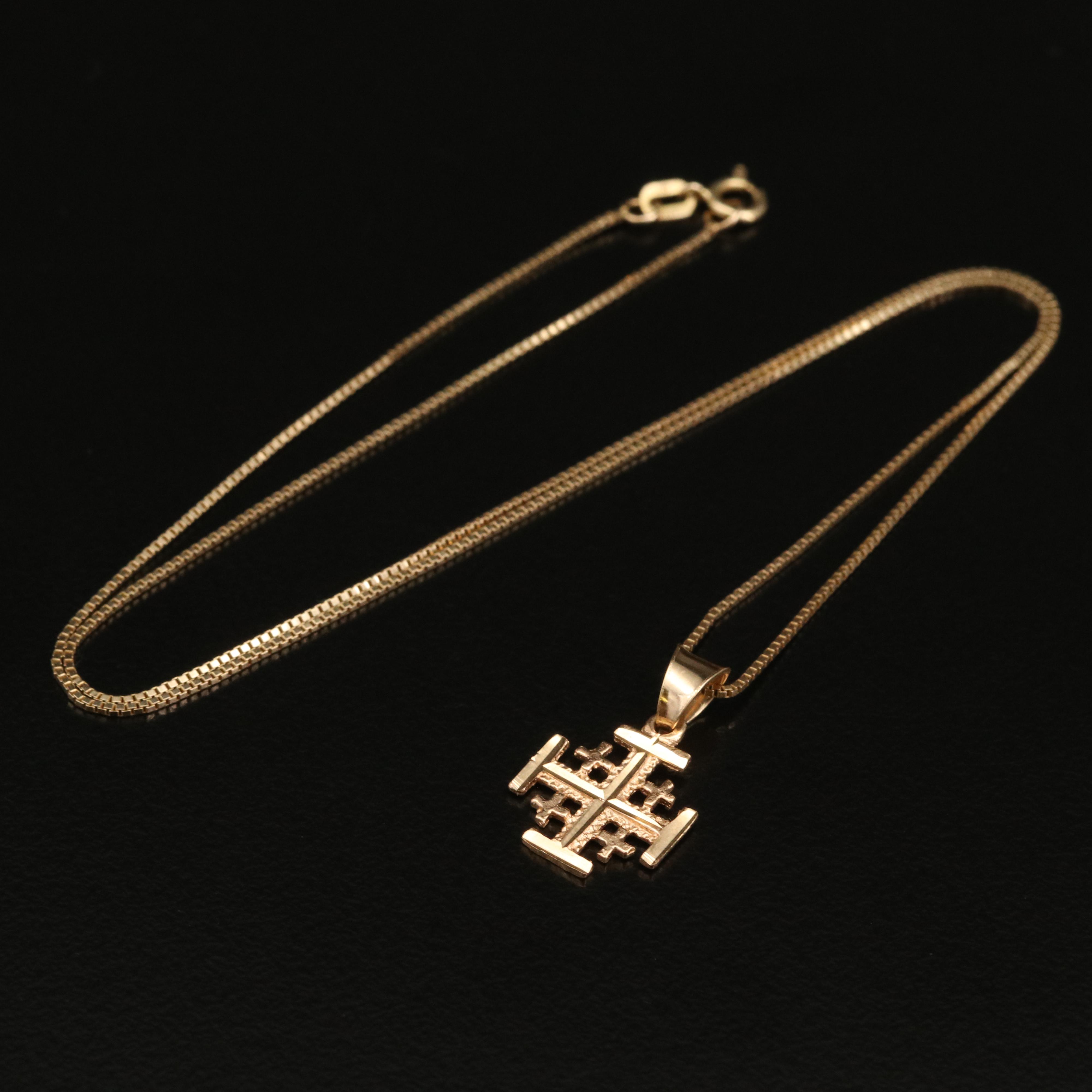 18K Diamond Cut Jerusalem Cross Pendant on 14K Chain Necklace