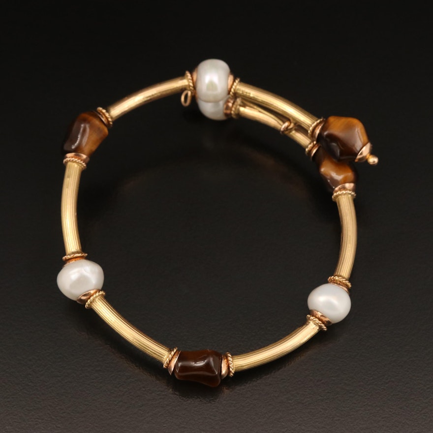 Tiger's Eye and Pearl Bracelet with 14K Accents