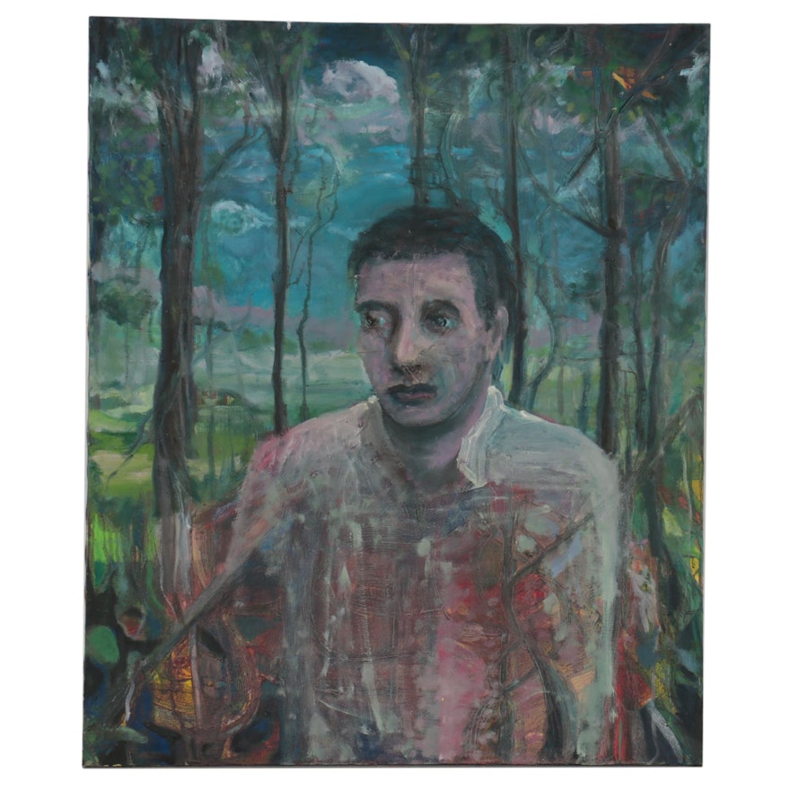 Jon Scharlock Oil Painting of Figure in the Woods, Late 20th Century