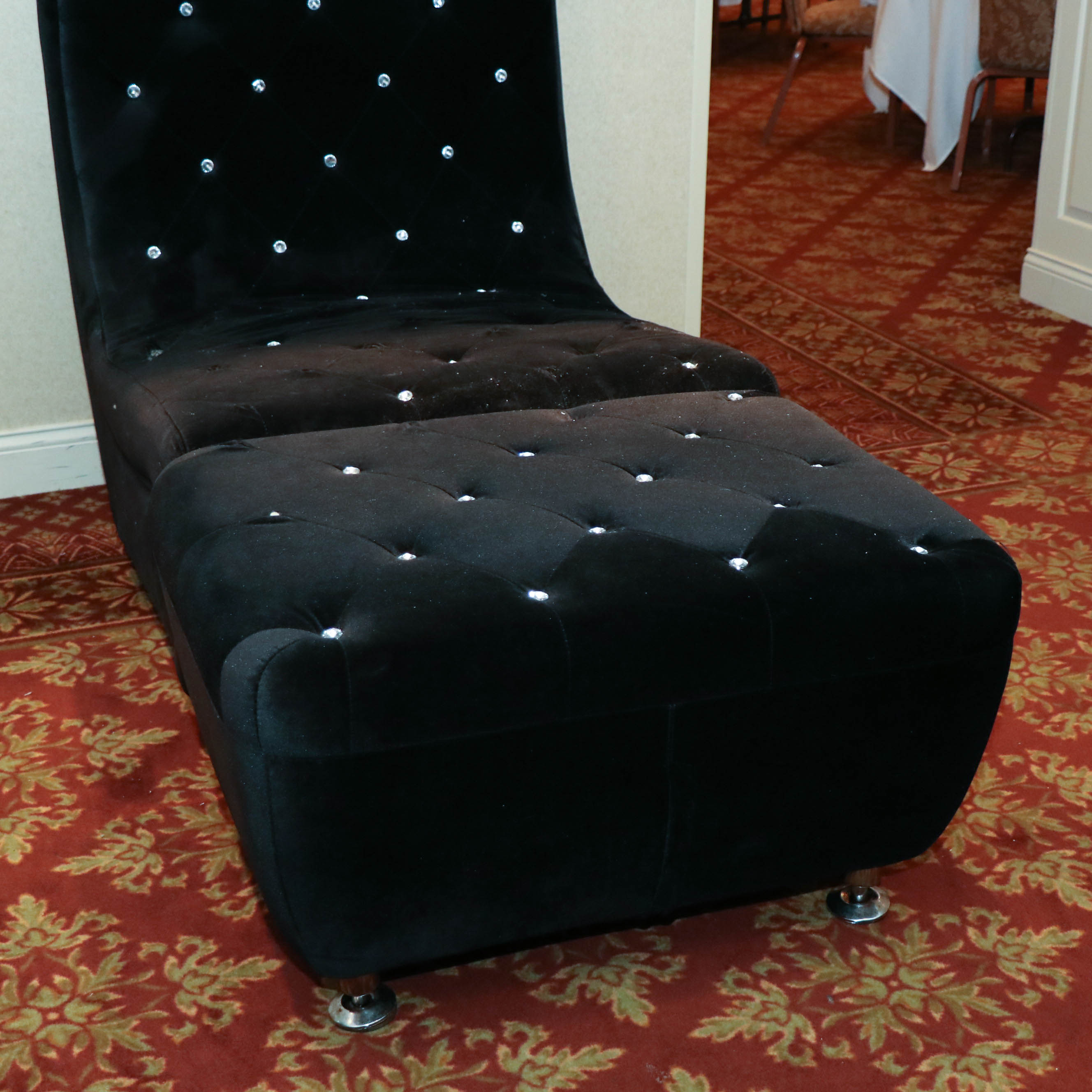 Modern Line Black Velour Rhinestone-Tufted Curved Lounge Chair and Ottoman