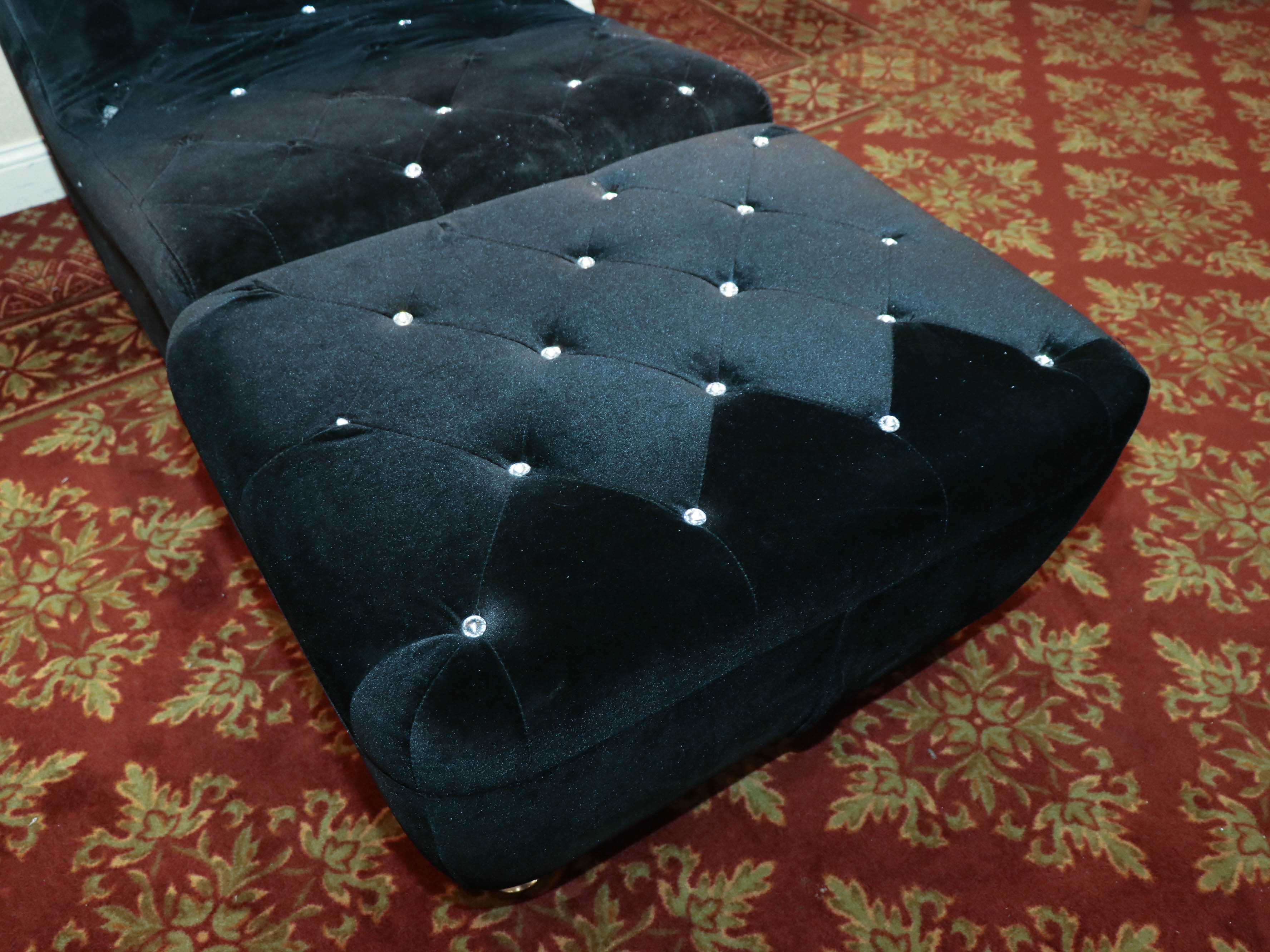 Modern Line Black Velour Rhinestone-Tufted Curved Lounge Chair and Ottoman