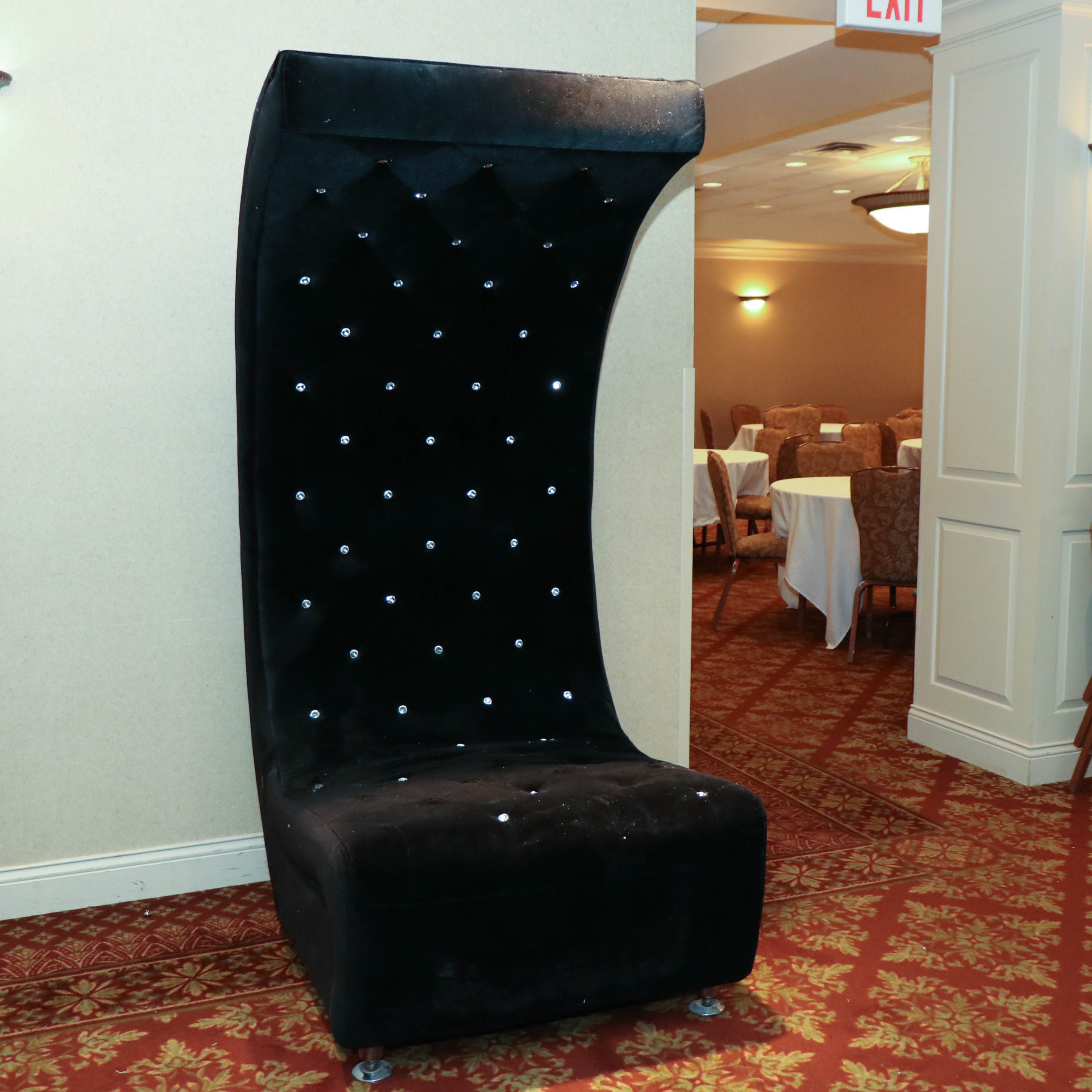 Modern Line Black Velour Rhinestone-Tufted Curved Lounge Chair and Ottoman