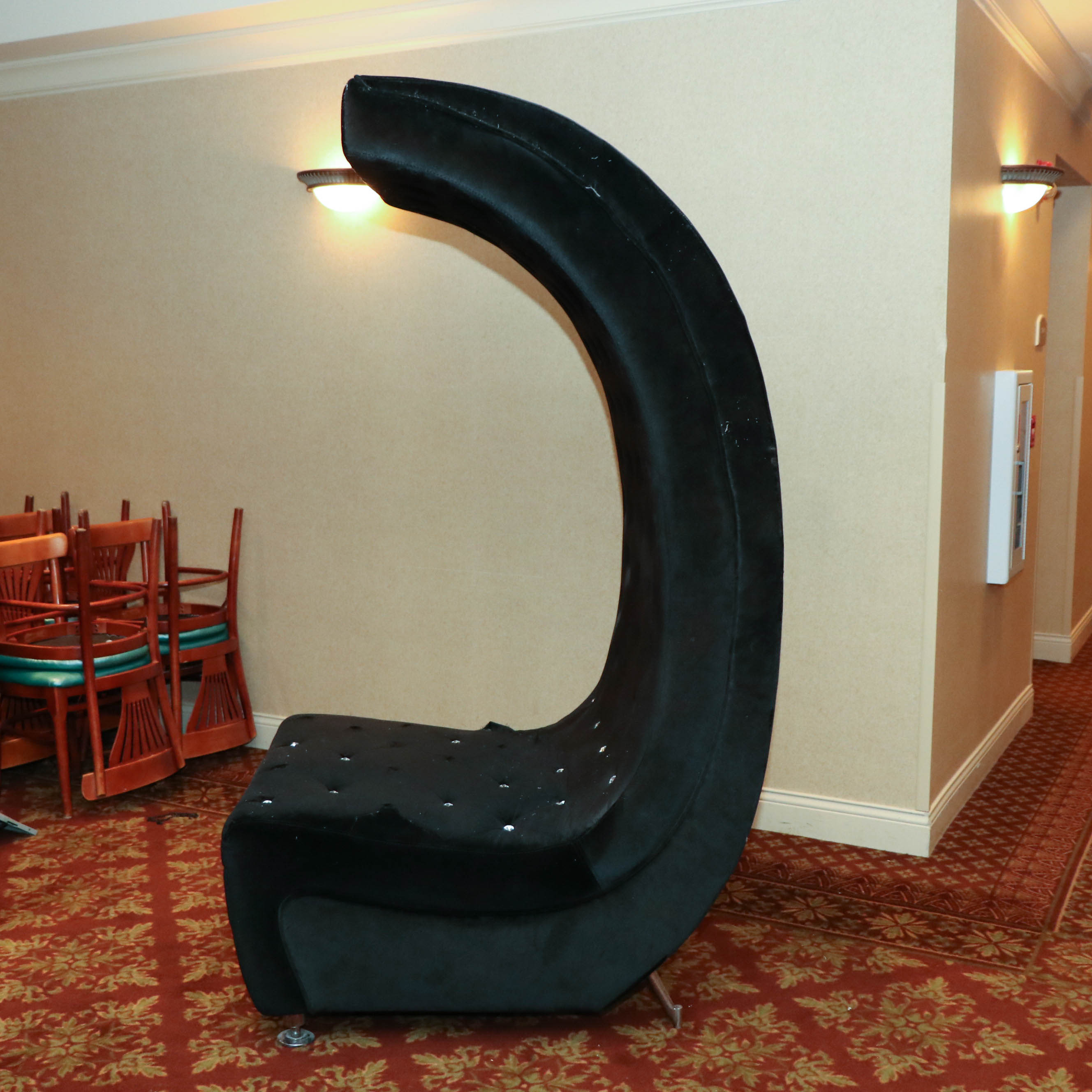 Modern Line Black Velour Rhinestone-Tufted Curved Lounge Chair and Ottoman