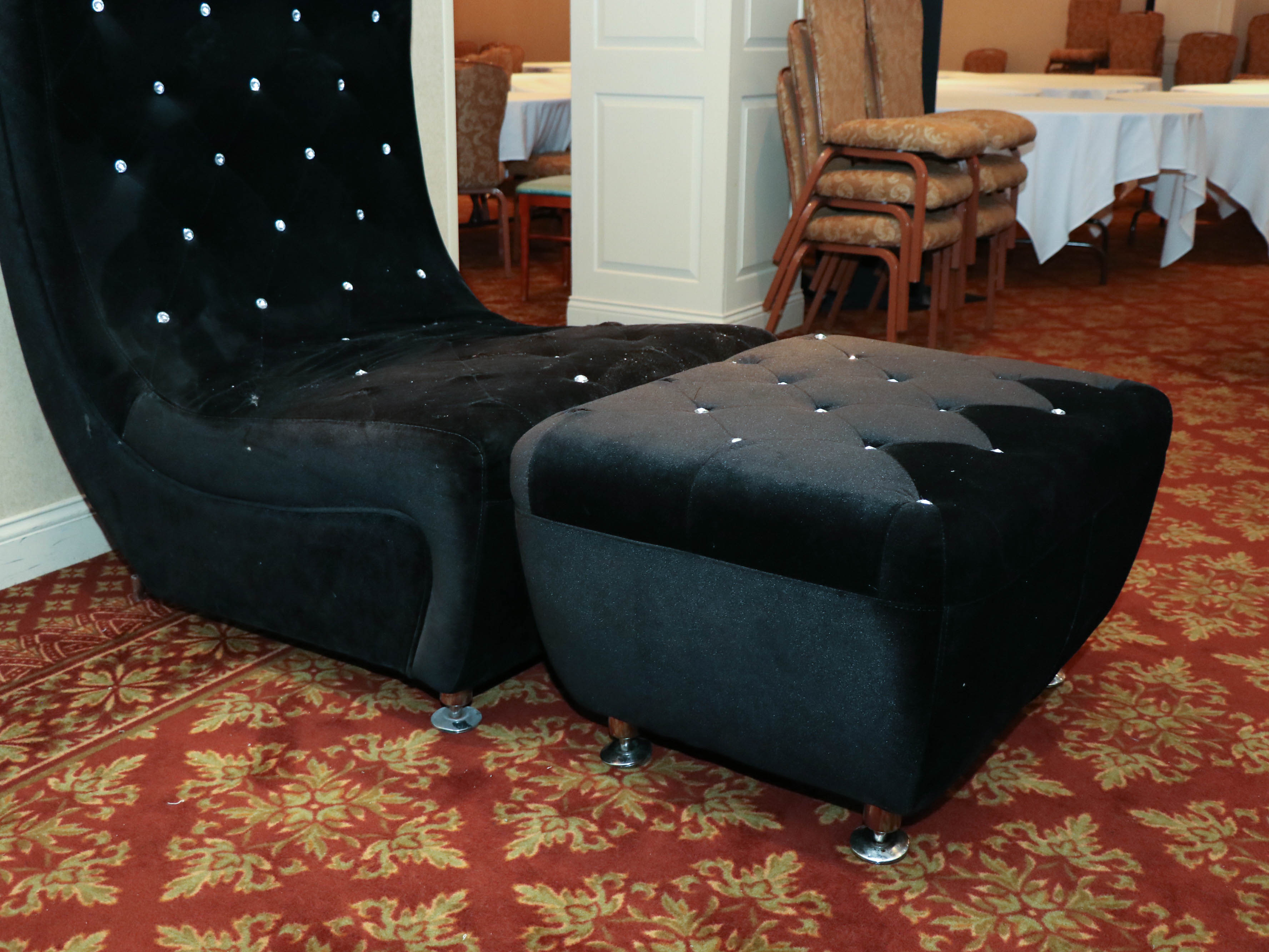 Modern Line Black Velour Rhinestone-Tufted Curved Lounge Chair and Ottoman