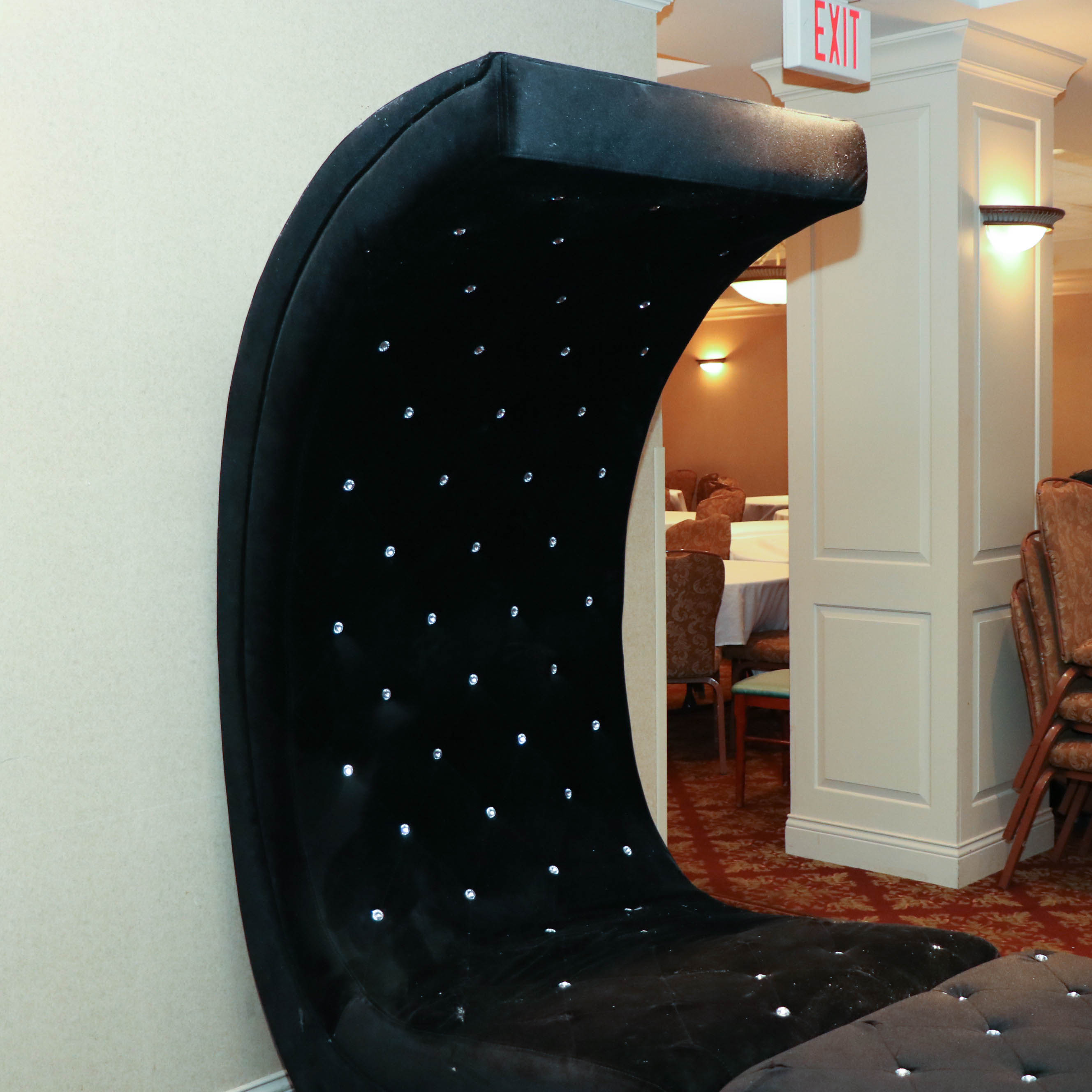 Modern Line Black Velour Rhinestone-Tufted Curved Lounge Chair and Ottoman