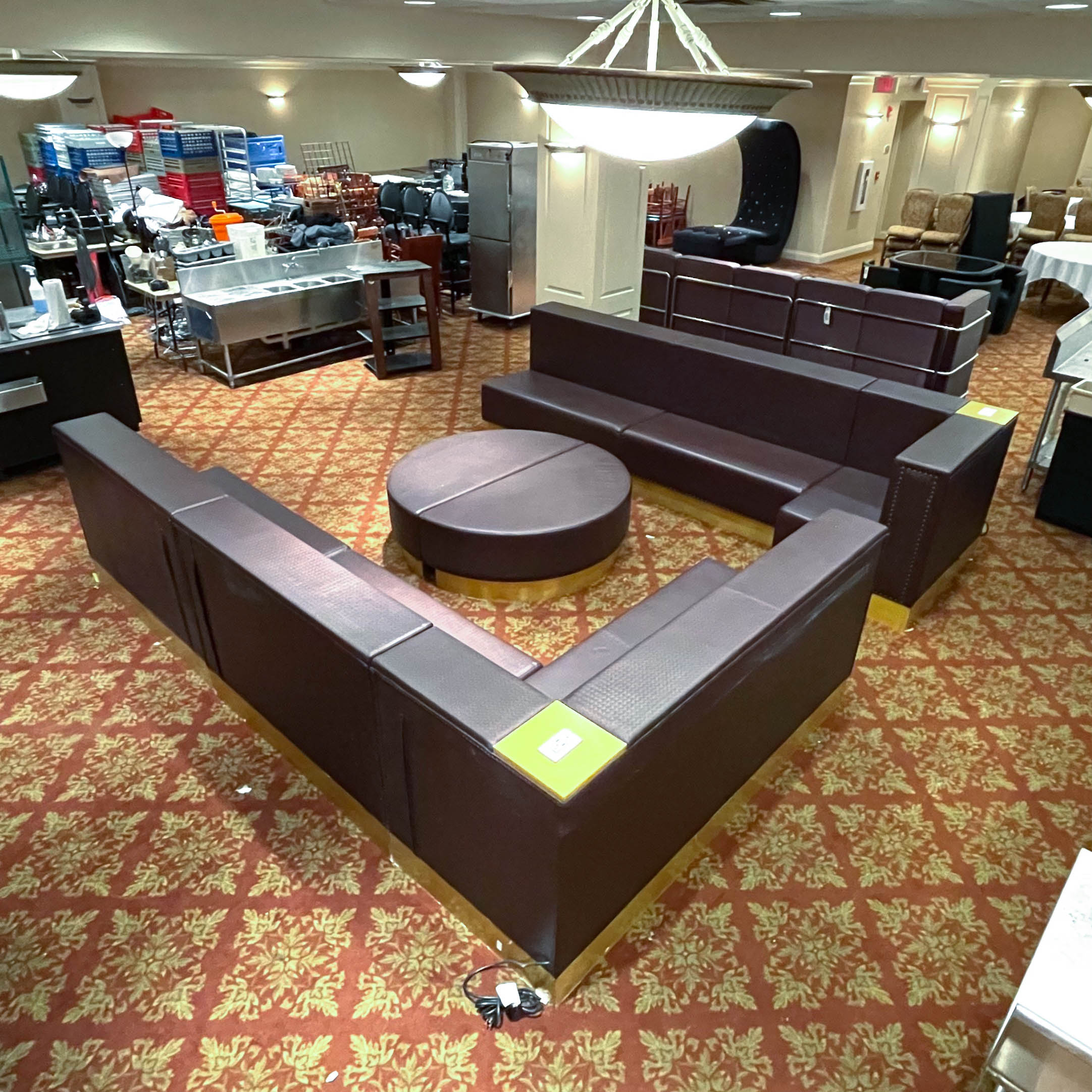 Braided Faux Leather Upholstered Club Seating with Half Moon Ottomans