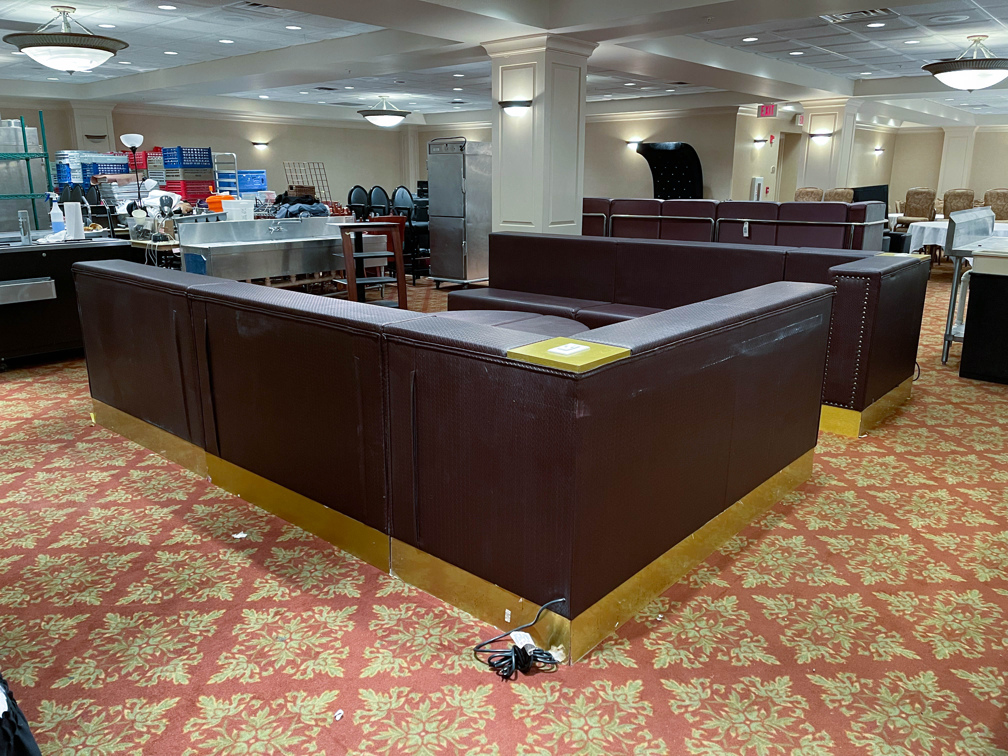 Braided Faux Leather Upholstered Club Seating with Half Moon Ottomans