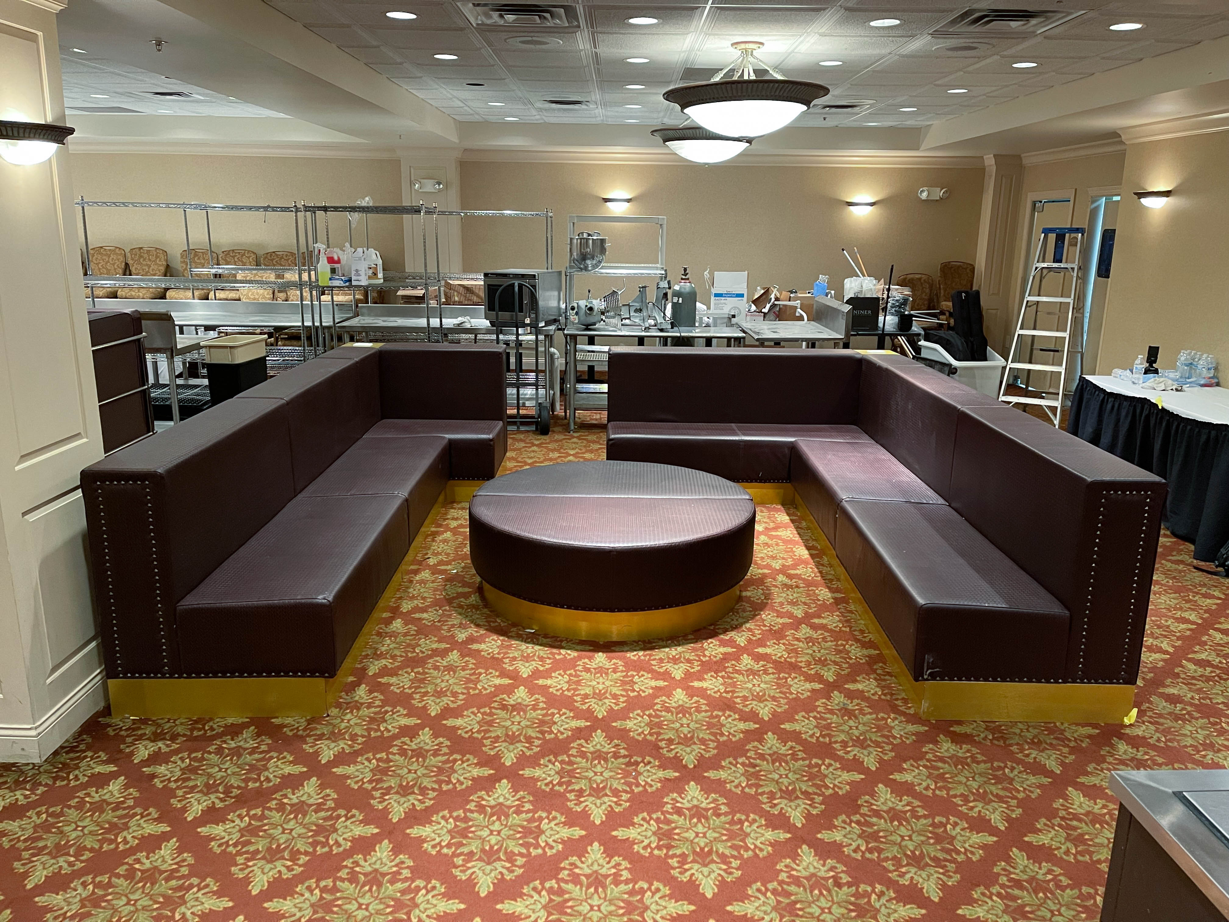 Braided Faux Leather Upholstered Club Seating with Half Moon Ottomans