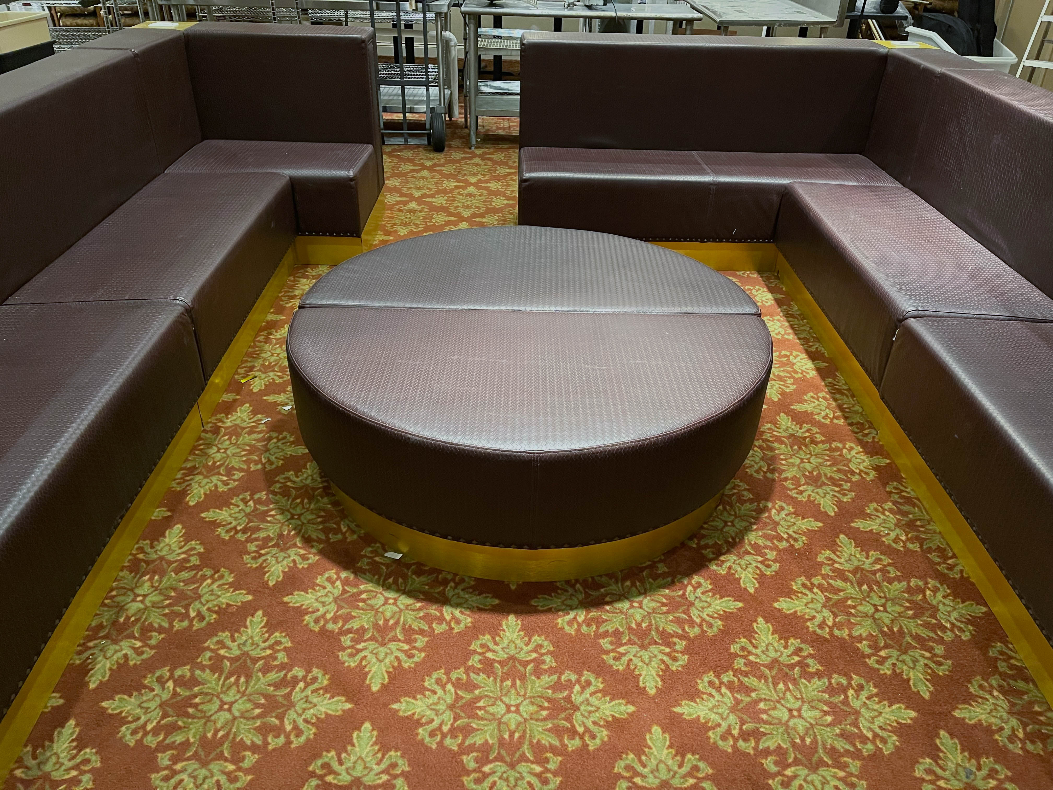 Braided Faux Leather Upholstered Club Seating with Half Moon Ottomans