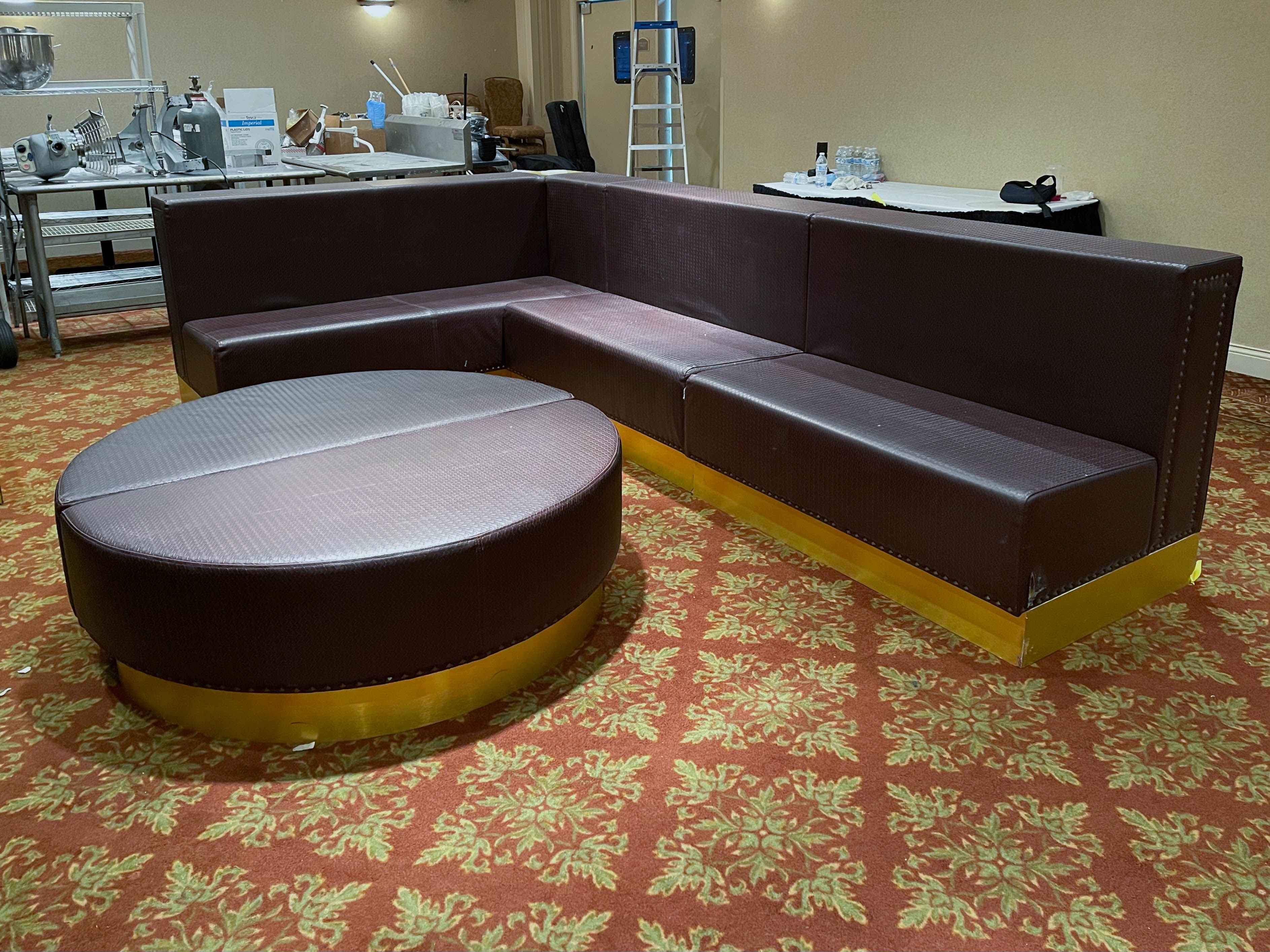 Braided Faux Leather Upholstered Club Seating with Half Moon Ottomans