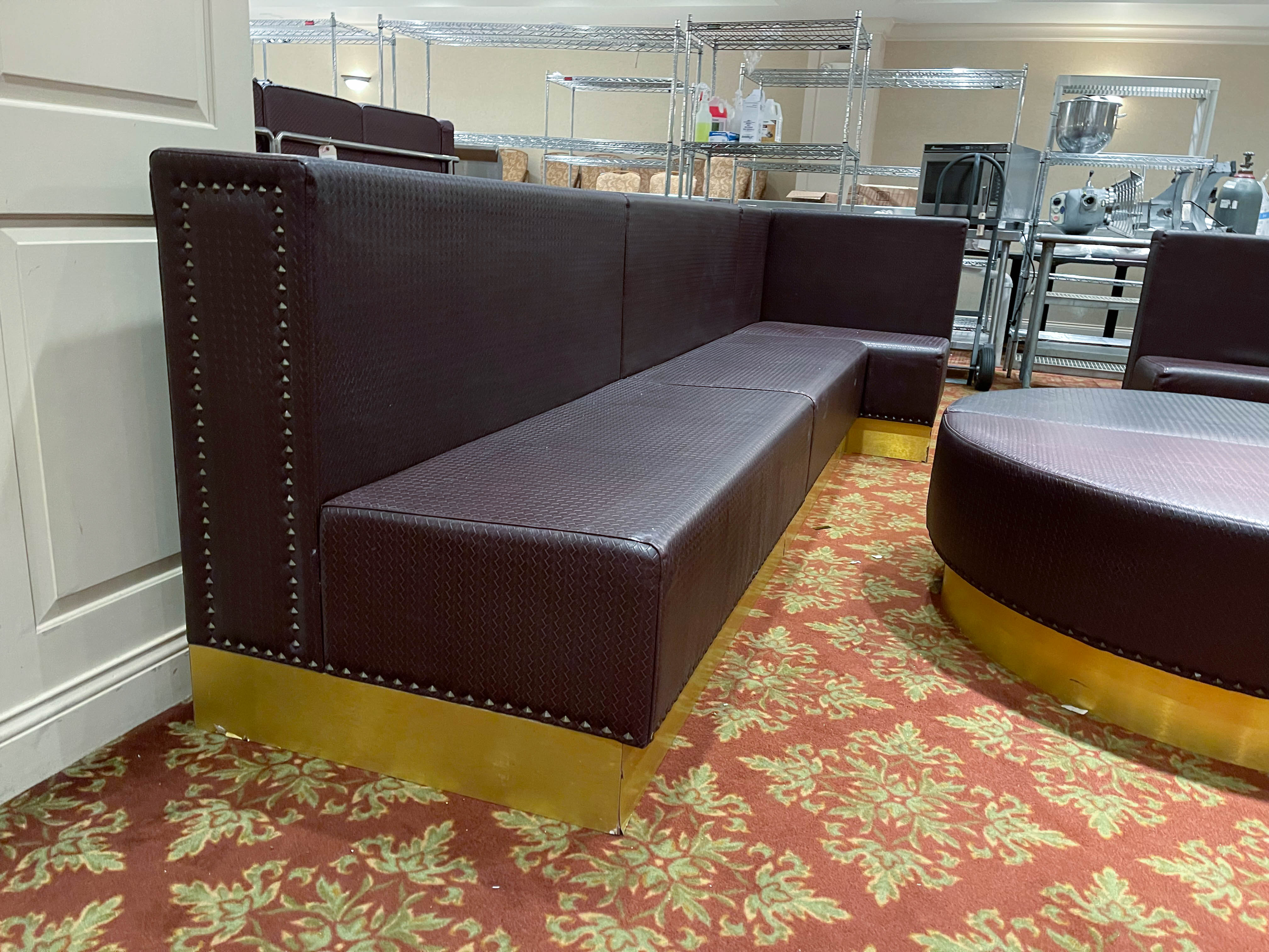 Braided Faux Leather Upholstered Club Seating with Half Moon Ottomans