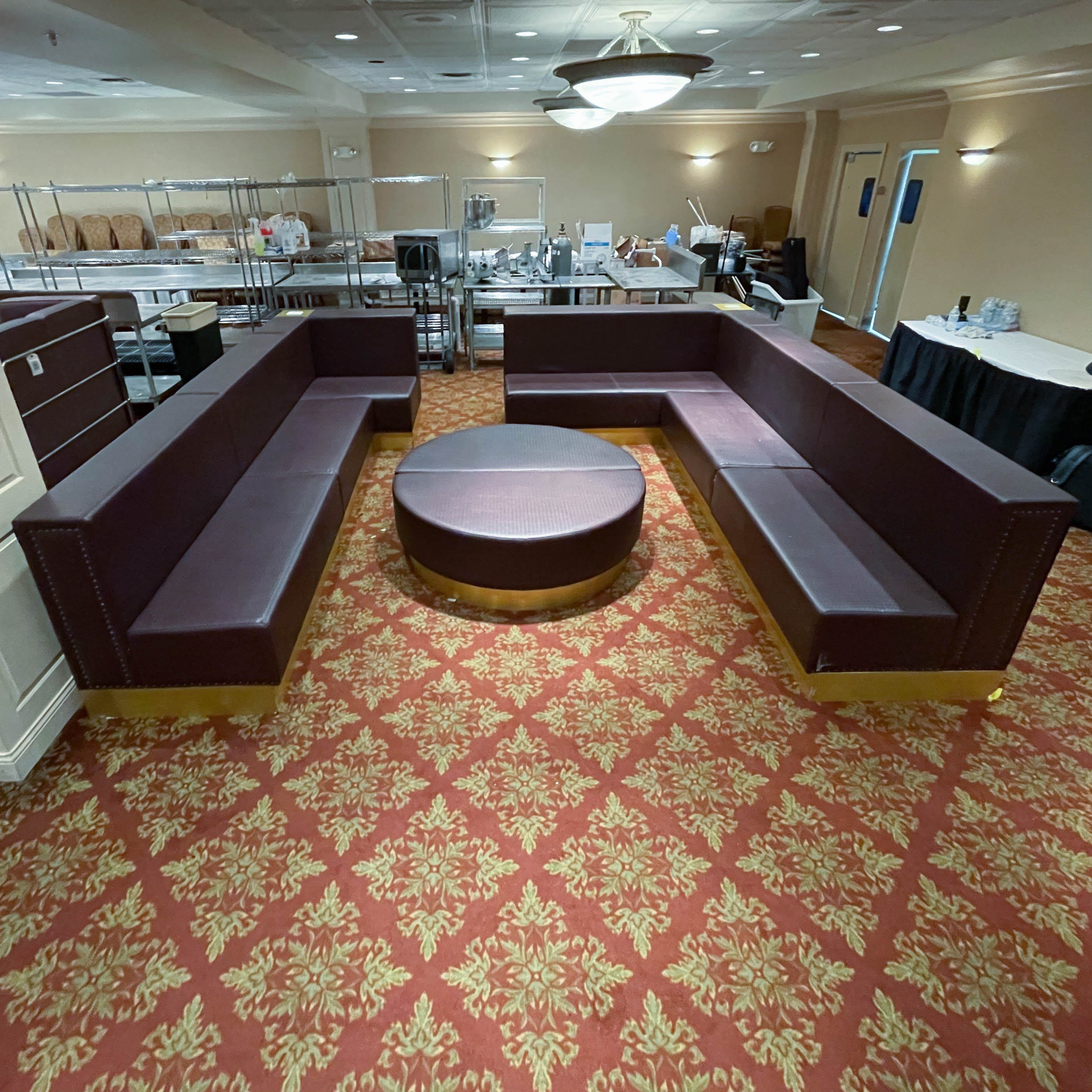 Braided Faux Leather Upholstered Club Seating with Half Moon Ottomans