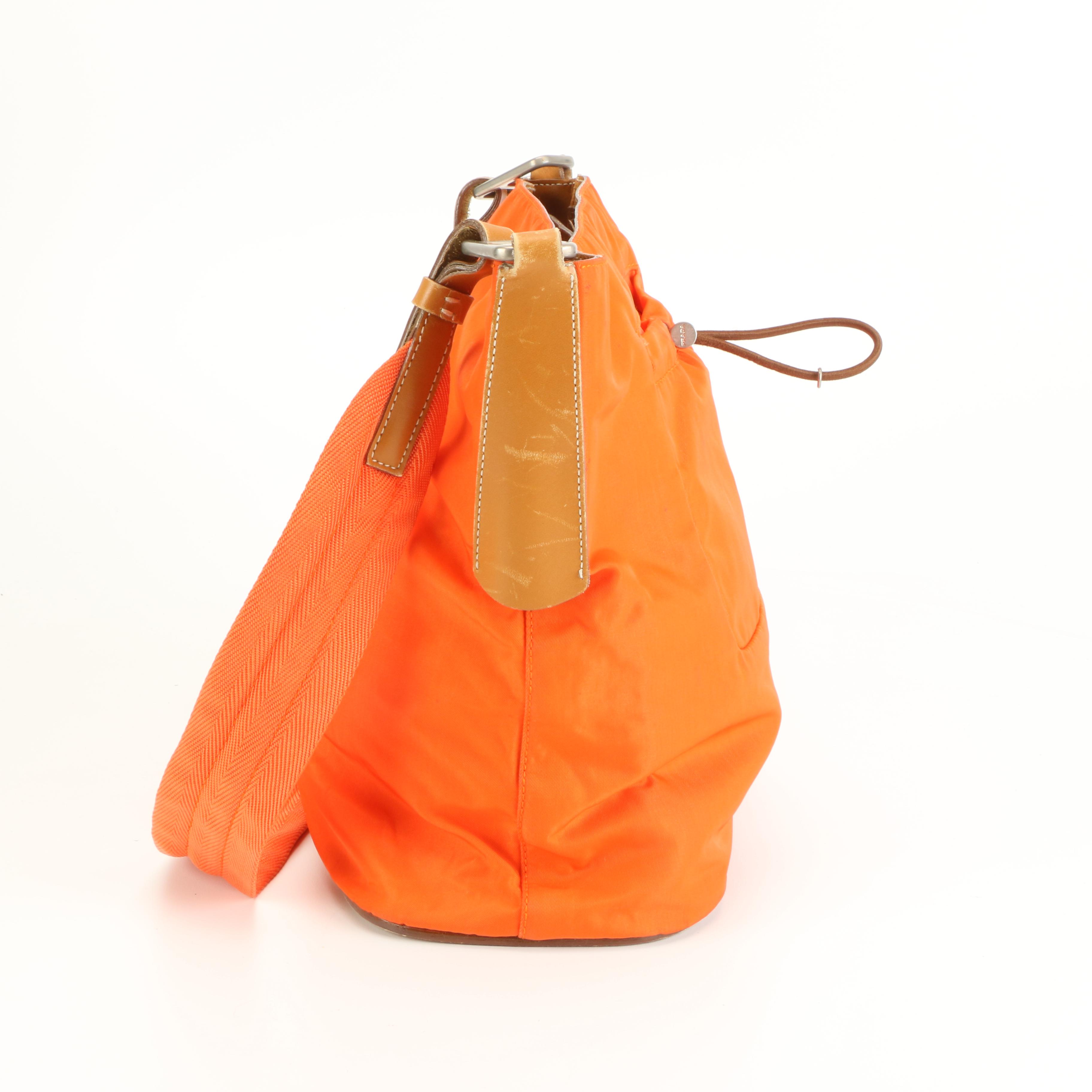 Prada Bucket Bag in Orange Tessuto Nylon with Brown Leather Trim