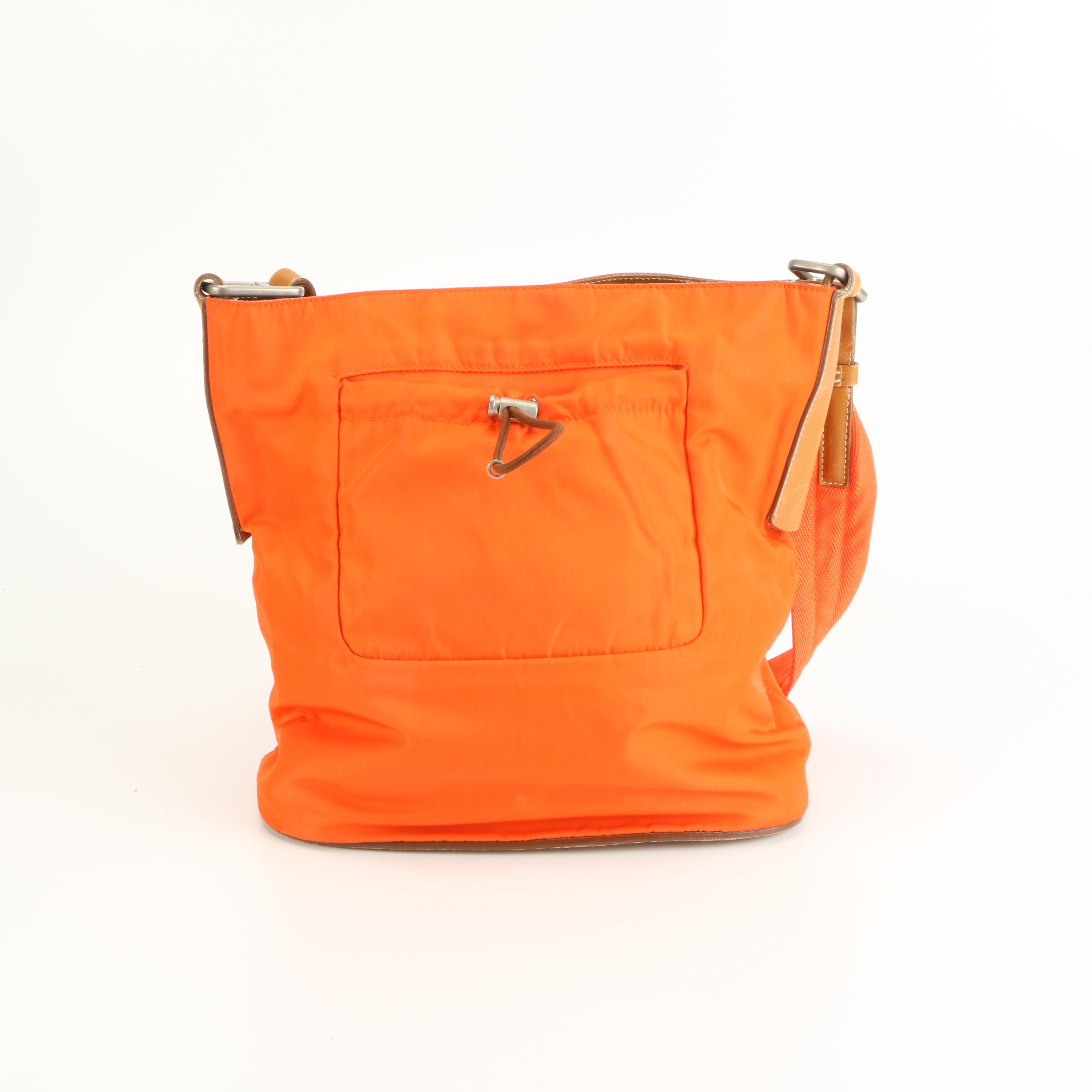 Prada Bucket Bag in Orange Tessuto Nylon with Brown Leather Trim