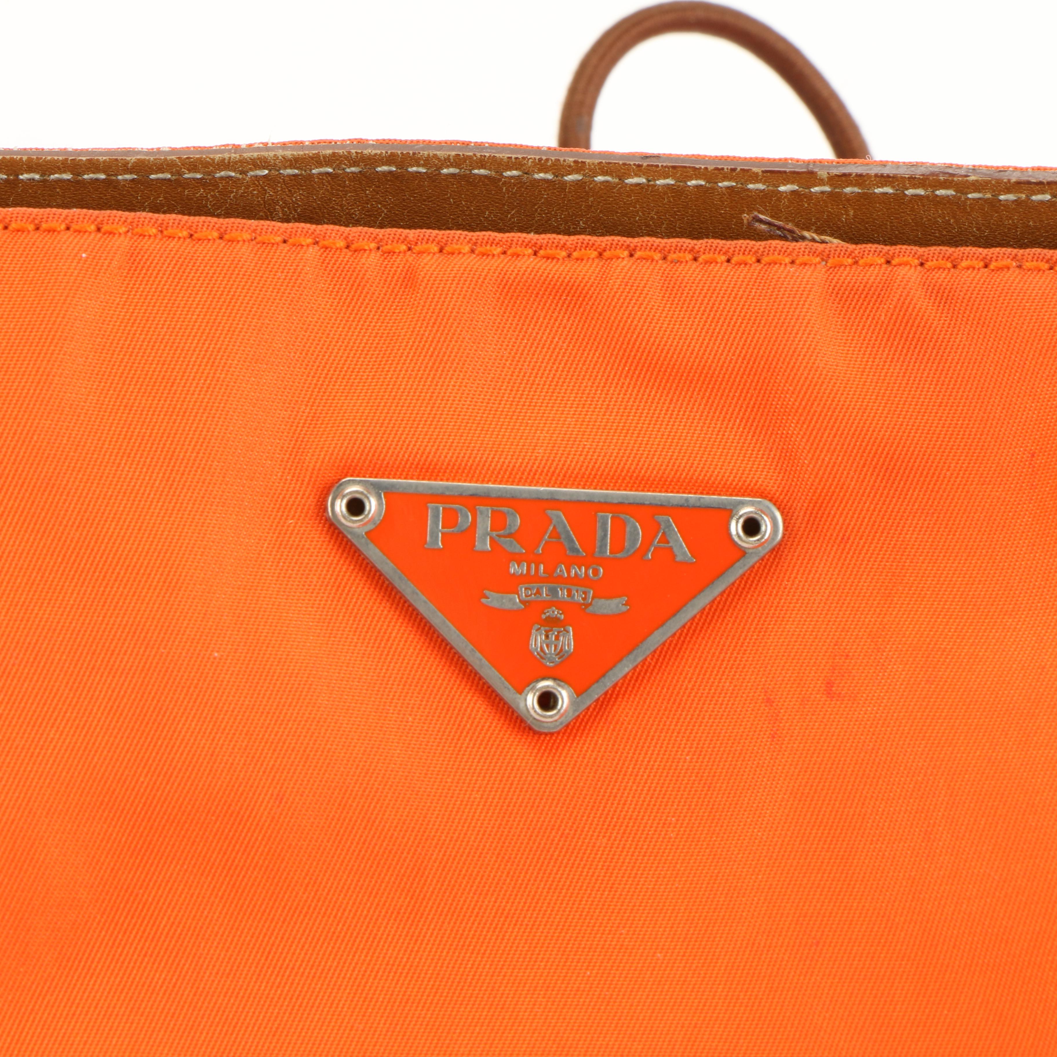 Prada Bucket Bag in Orange Tessuto Nylon with Brown Leather Trim