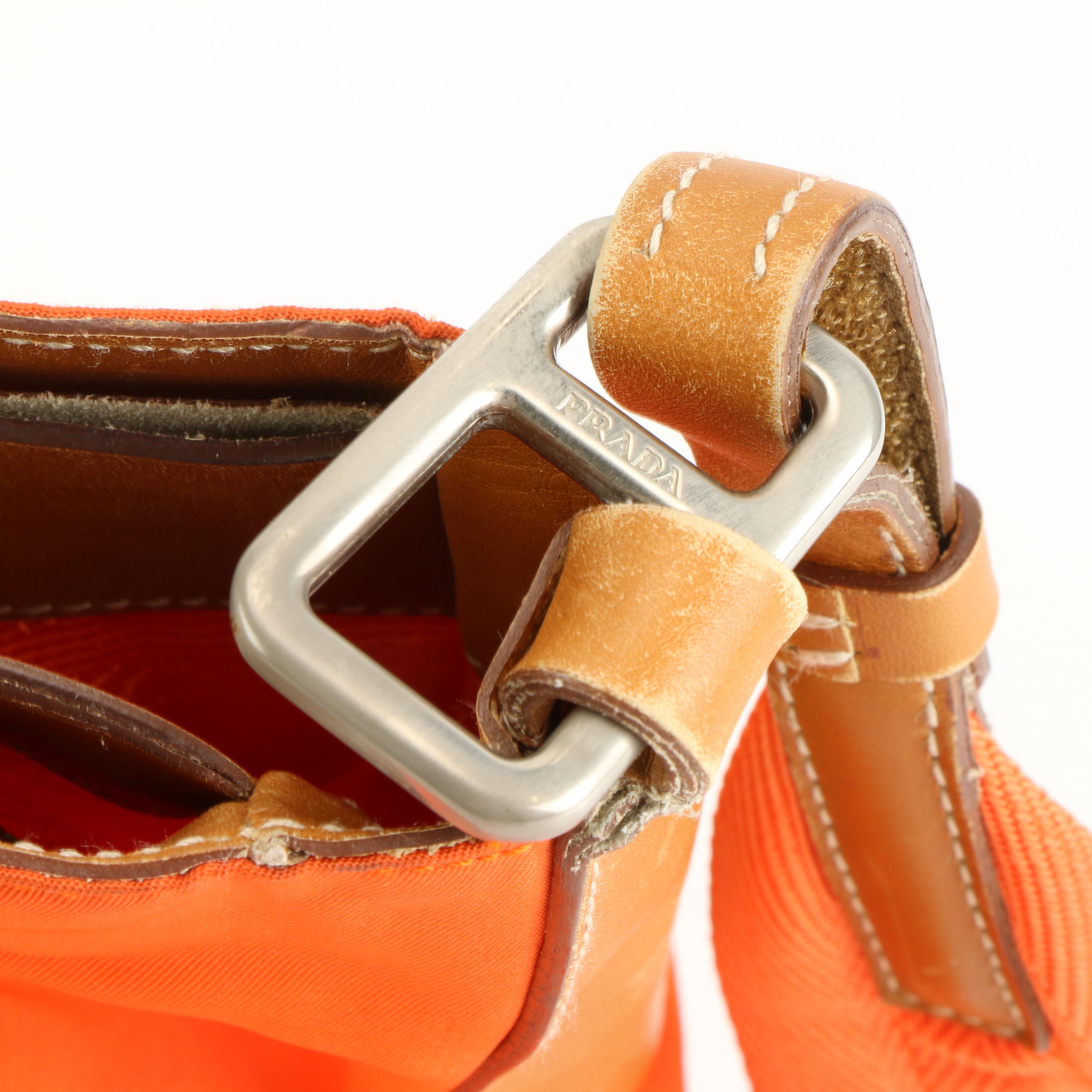 Prada Bucket Bag in Orange Tessuto Nylon with Brown Leather Trim