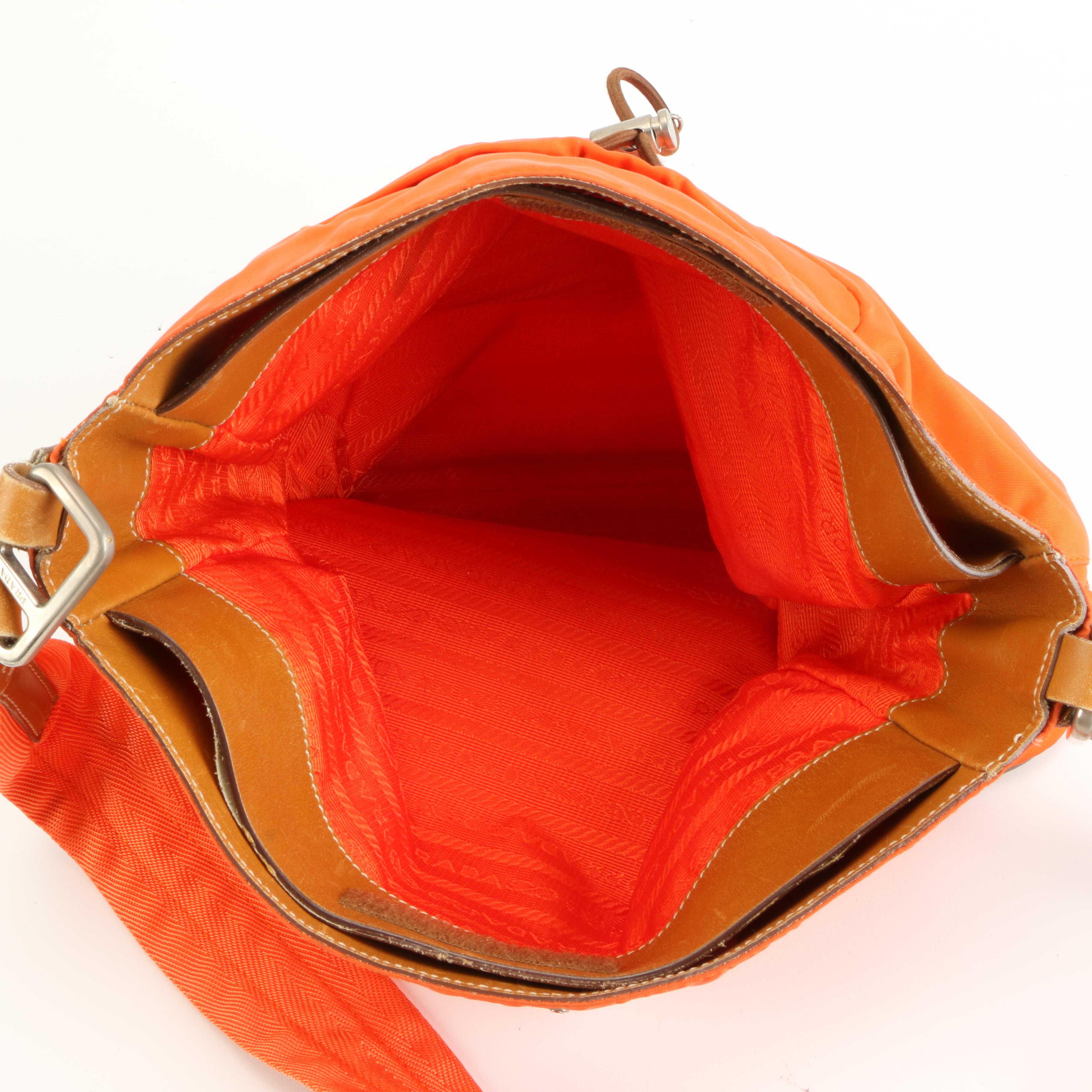 Prada Bucket Bag in Orange Tessuto Nylon with Brown Leather Trim