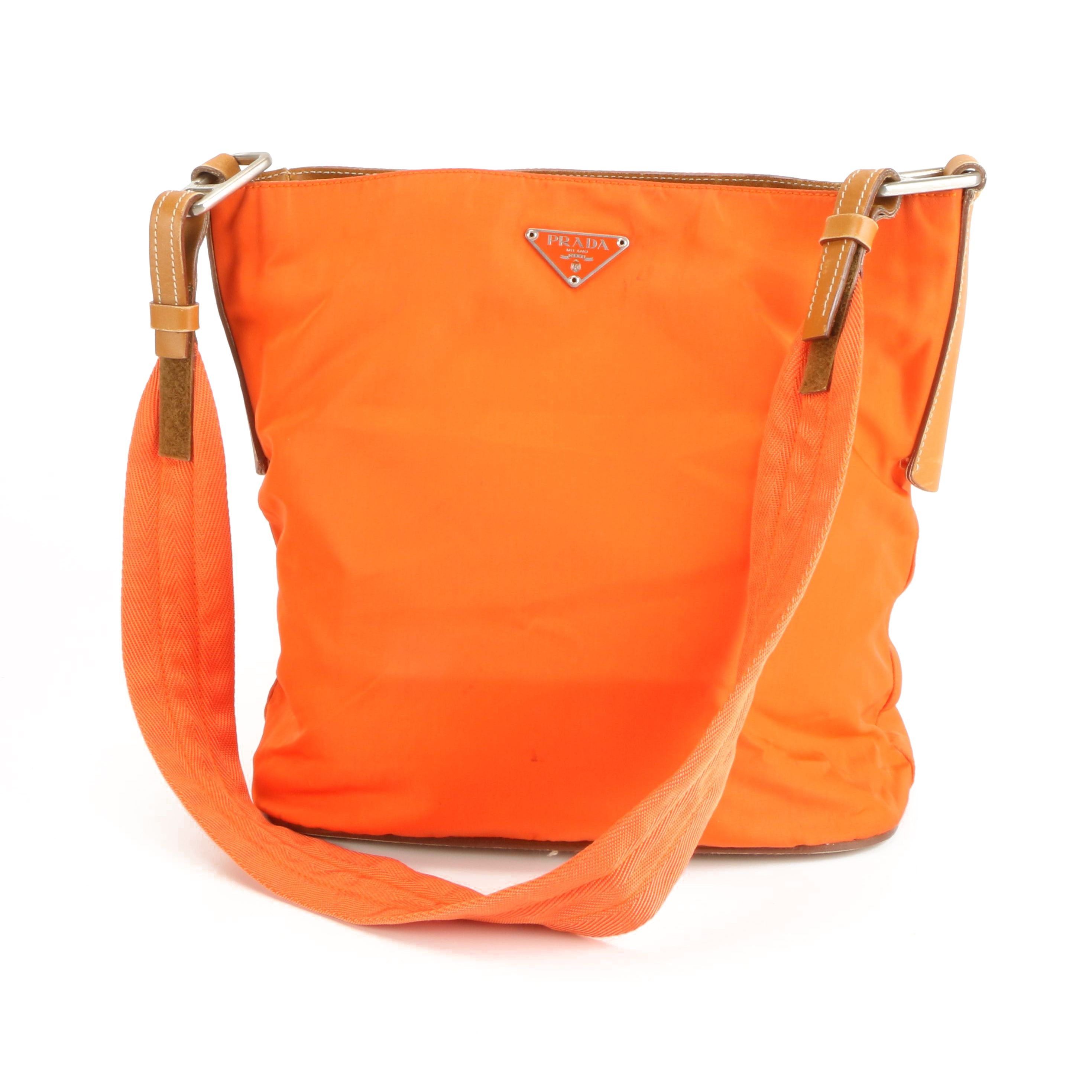Prada Bucket Bag in Orange Tessuto Nylon with Brown Leather Trim