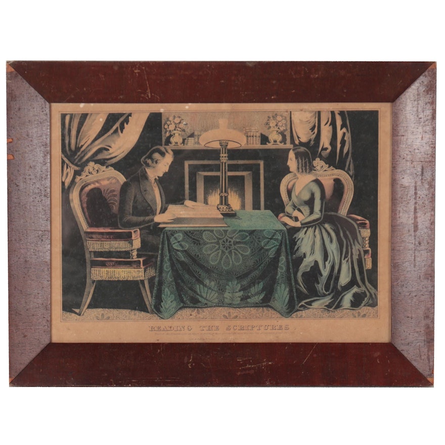 Currier and Ives Hand-Colored Lithographs "Reading the Scriptures"